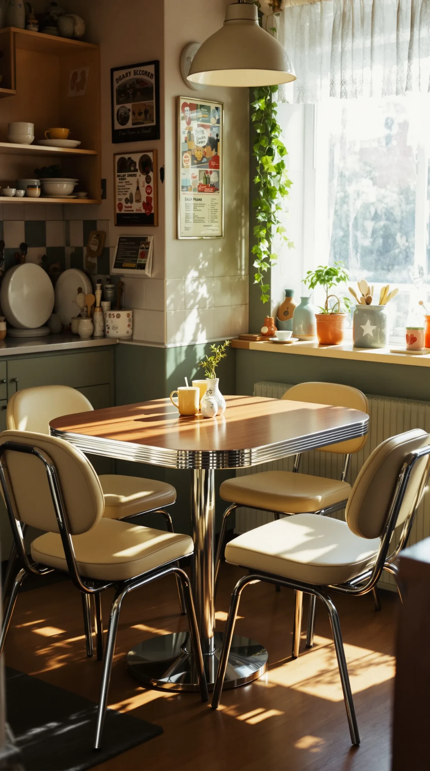Wood-grain formica retro kitchen table and chairs with cream chairs