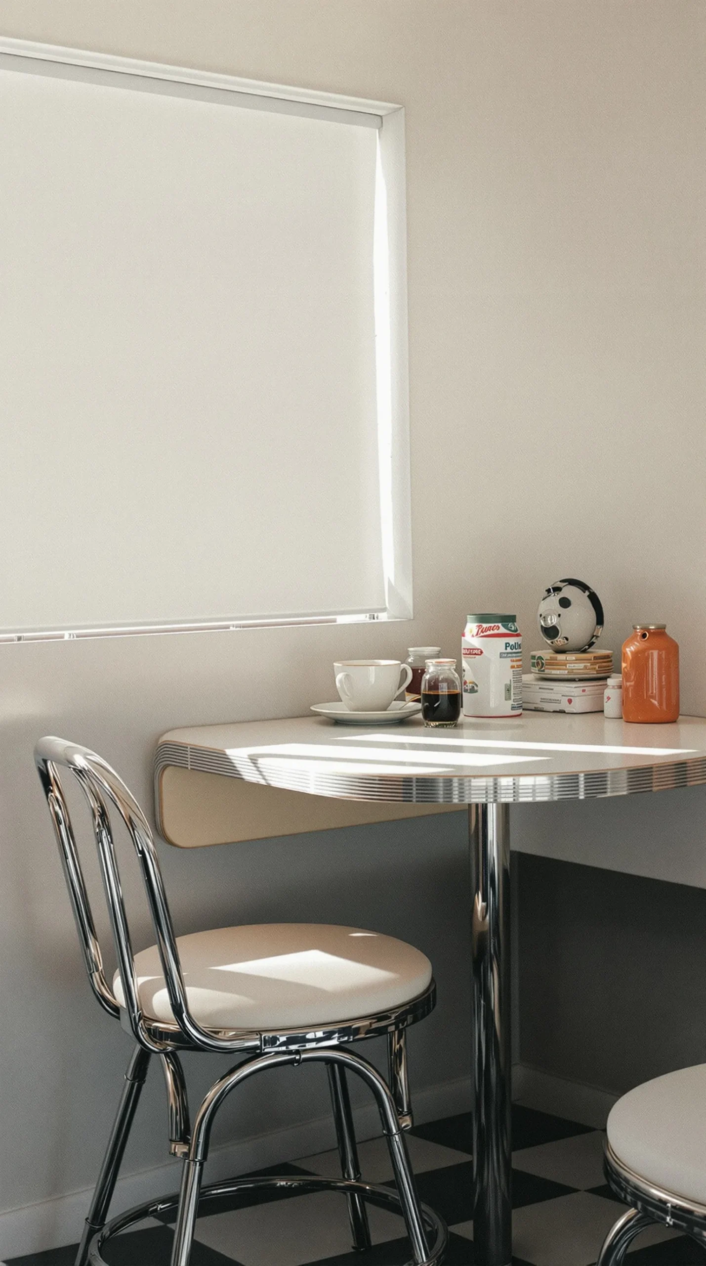 Small retro drop-leaf kitchen table with two chrome chairs