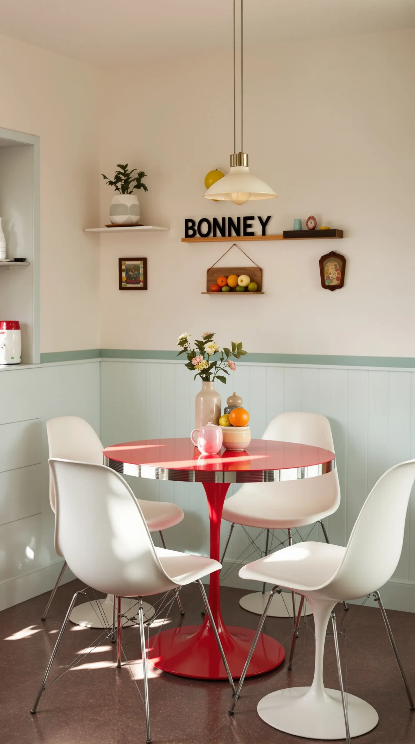 Bold red round tulip pedestal retro kitchen table and chairs
