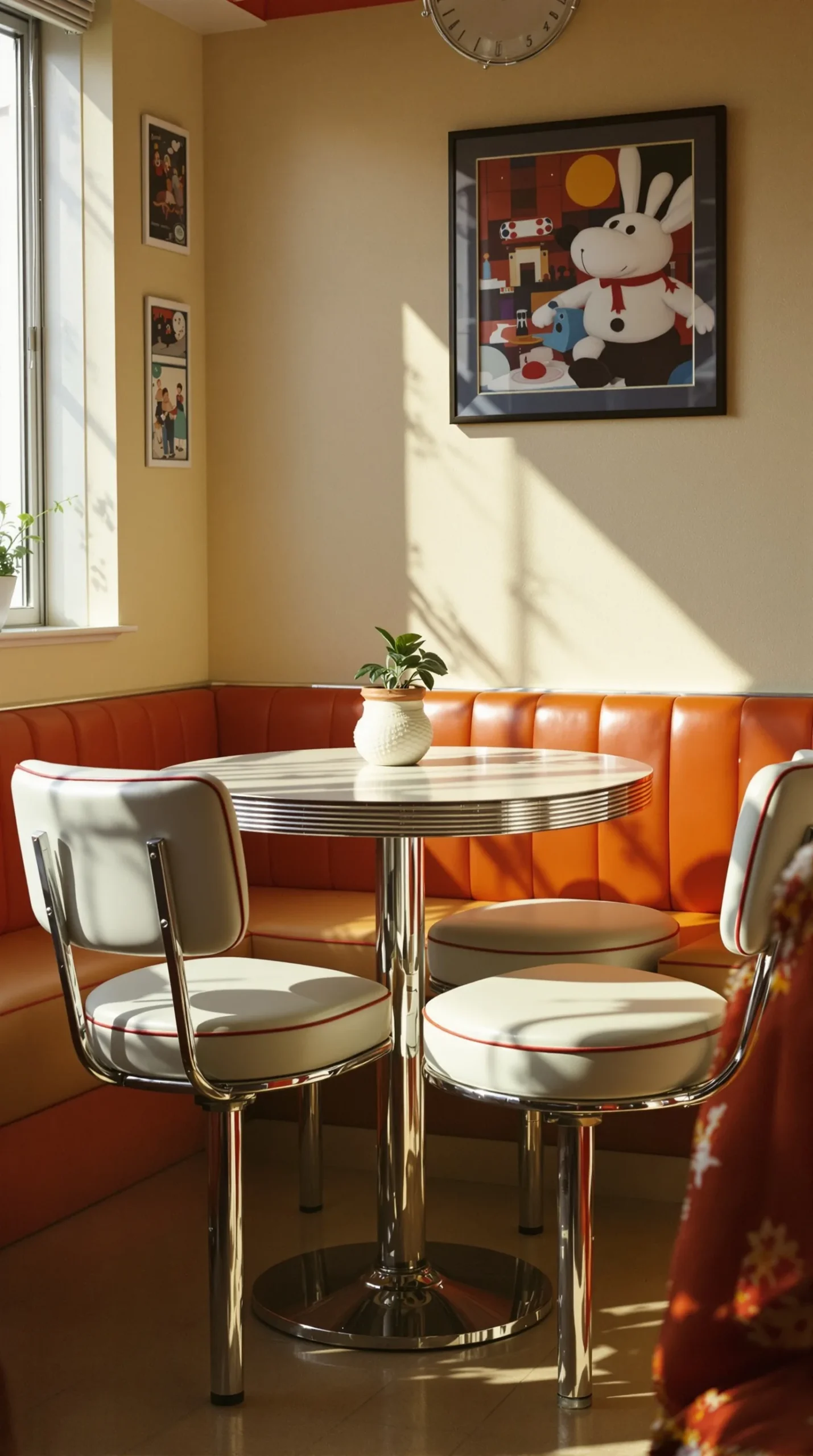 Retro vinyl bucket kitchen chairs with contrast piping around a table