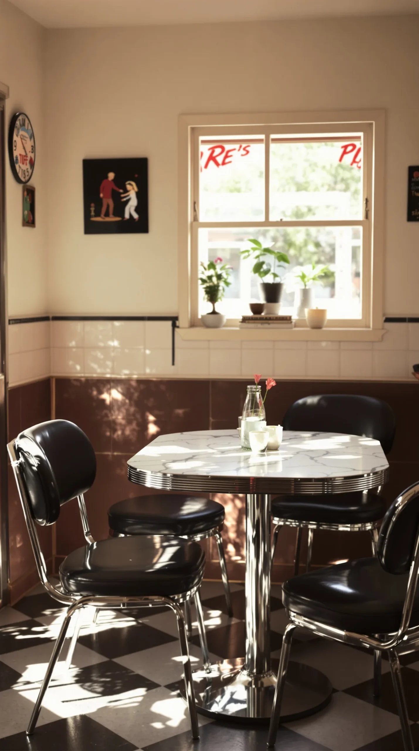 White marbled formica retro kitchen table and chairs with black seats