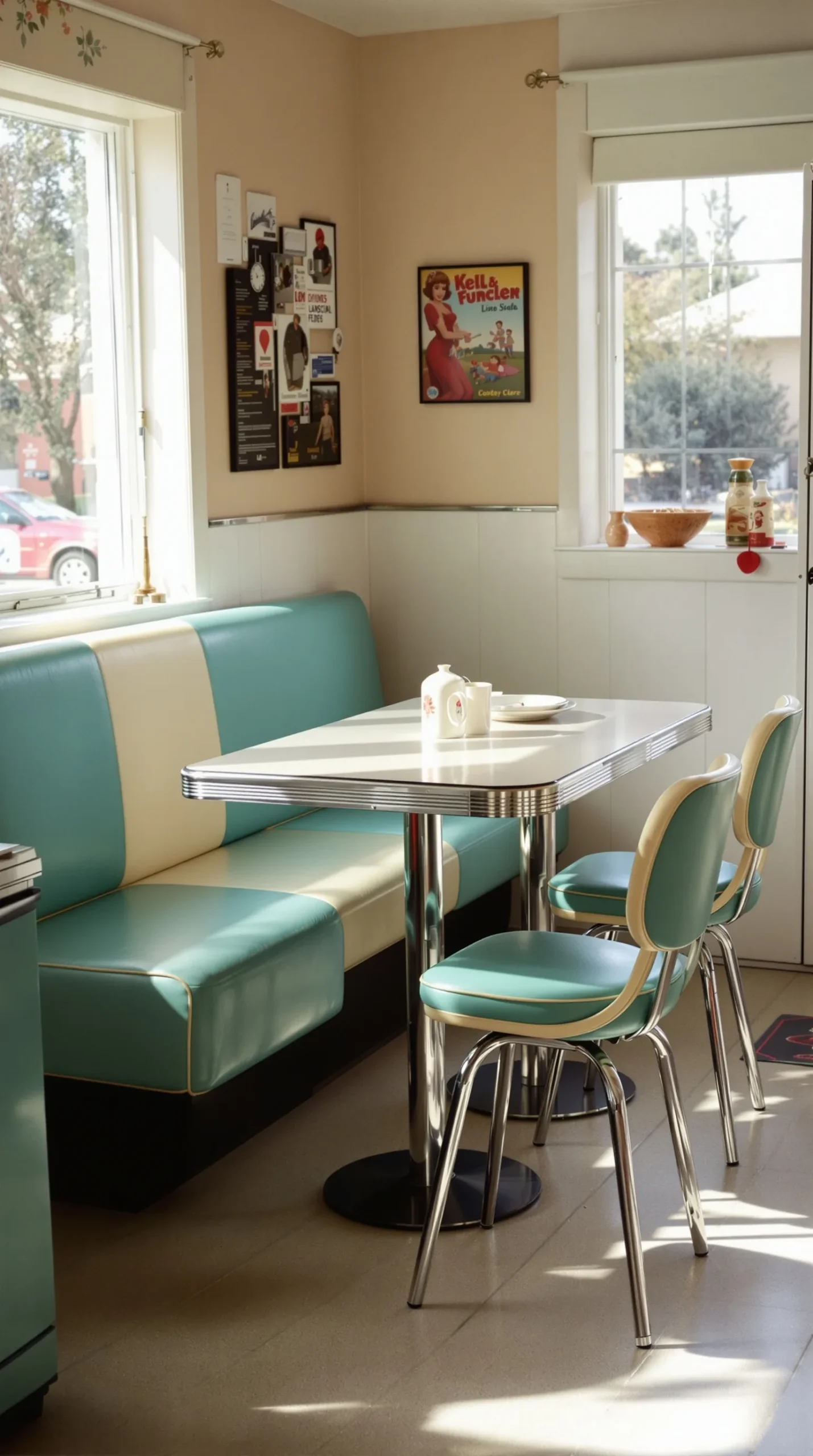Aqua and cream retro kitchen table and chairs set with chrome legs