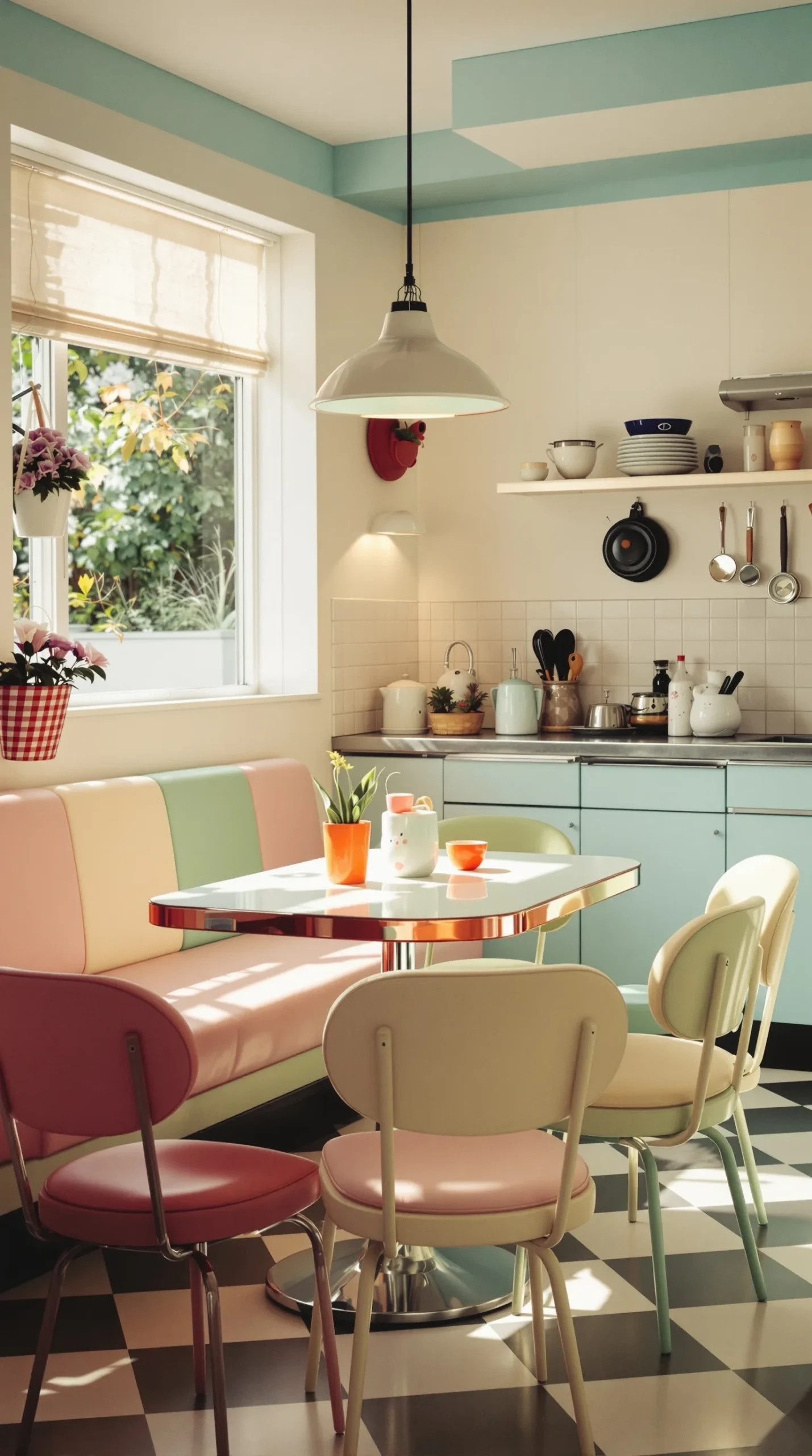 Retro kitchen table with mixed pastel colored chairs around it