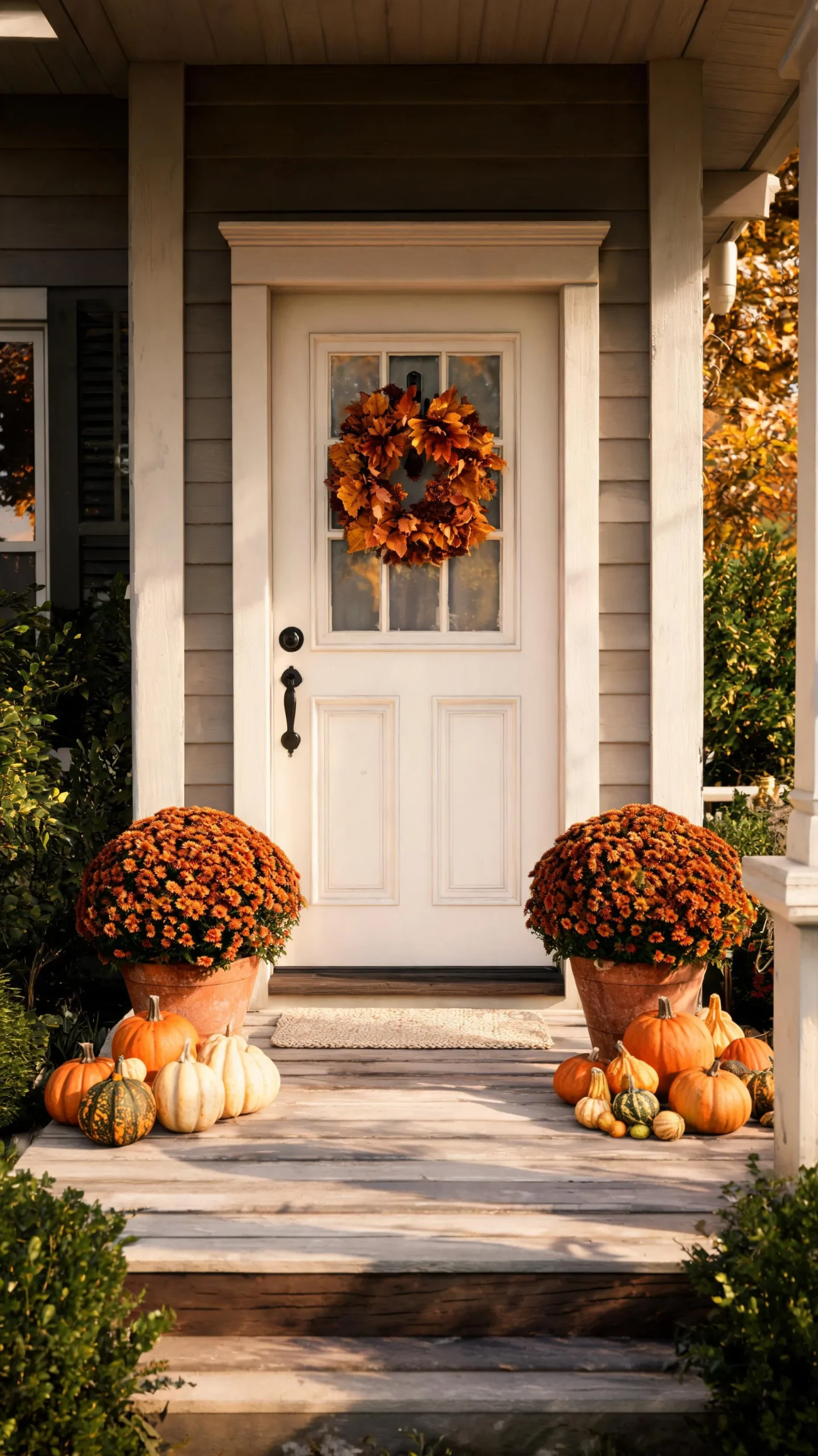 Pair of mums on a small porch