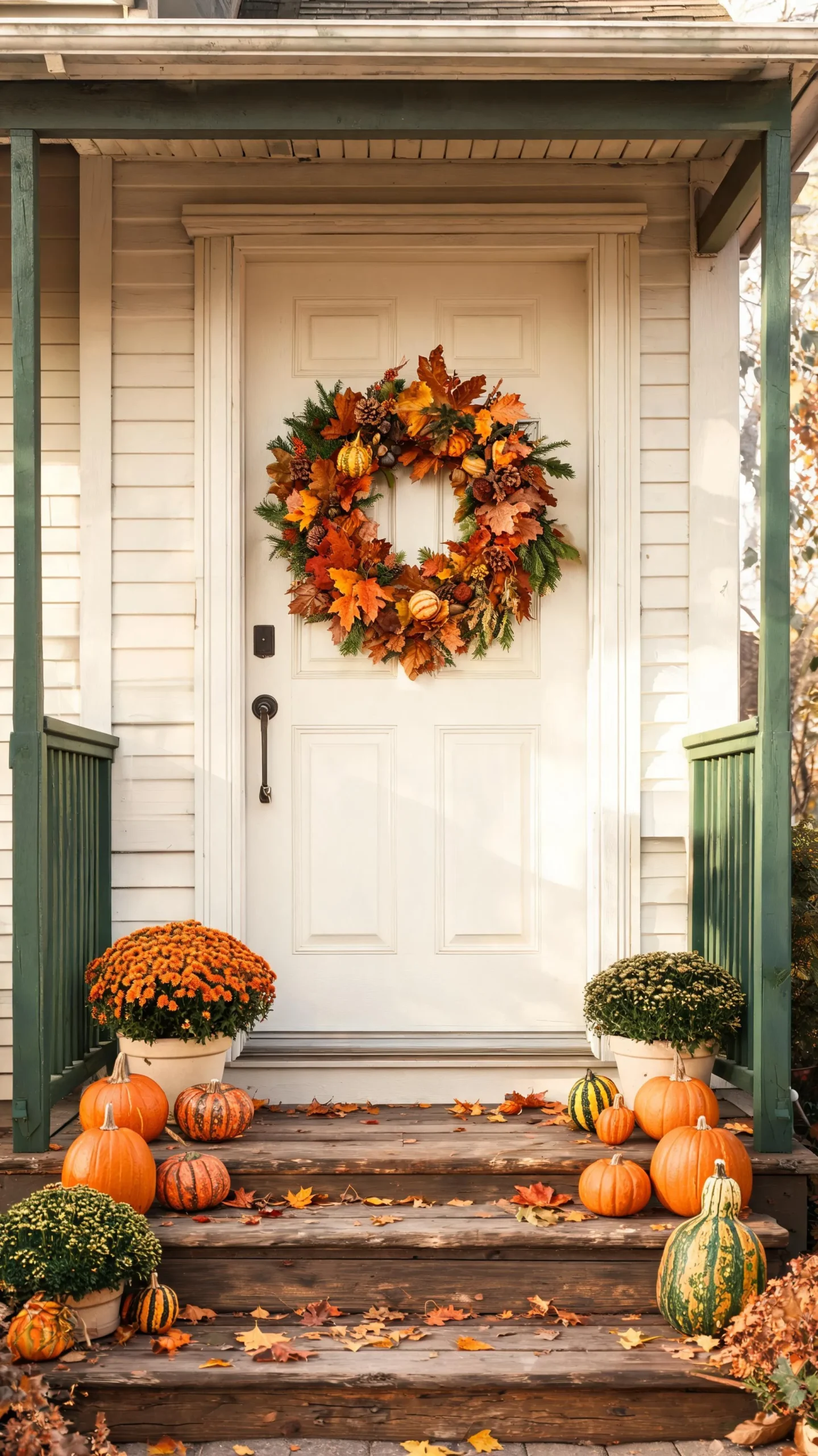 Fall wreath on a small porch door