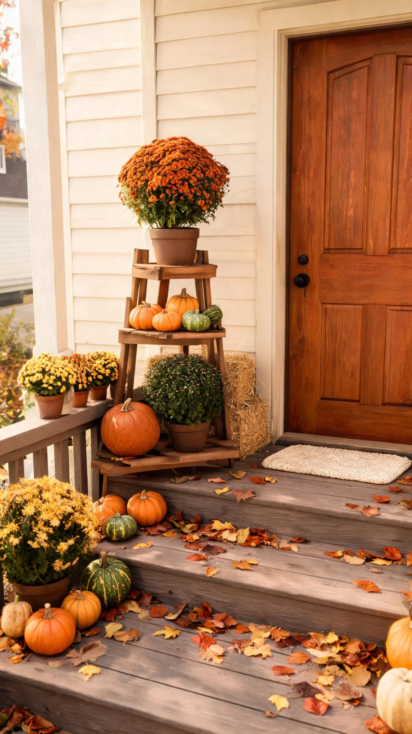 Tiered plant stand on a small porch