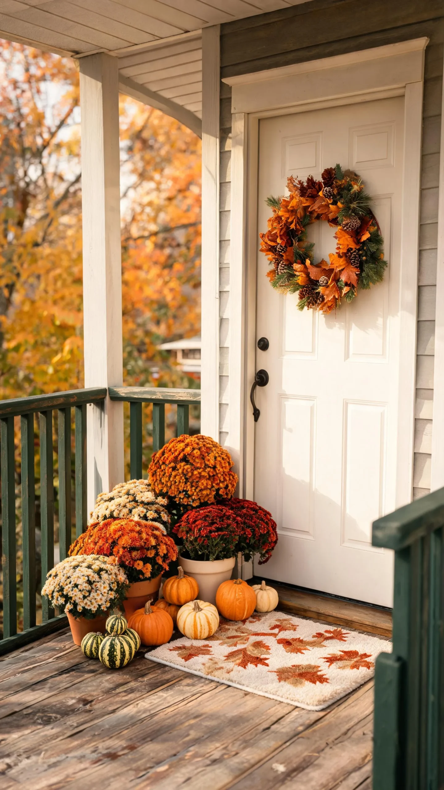 Dwarf mums on a small porch