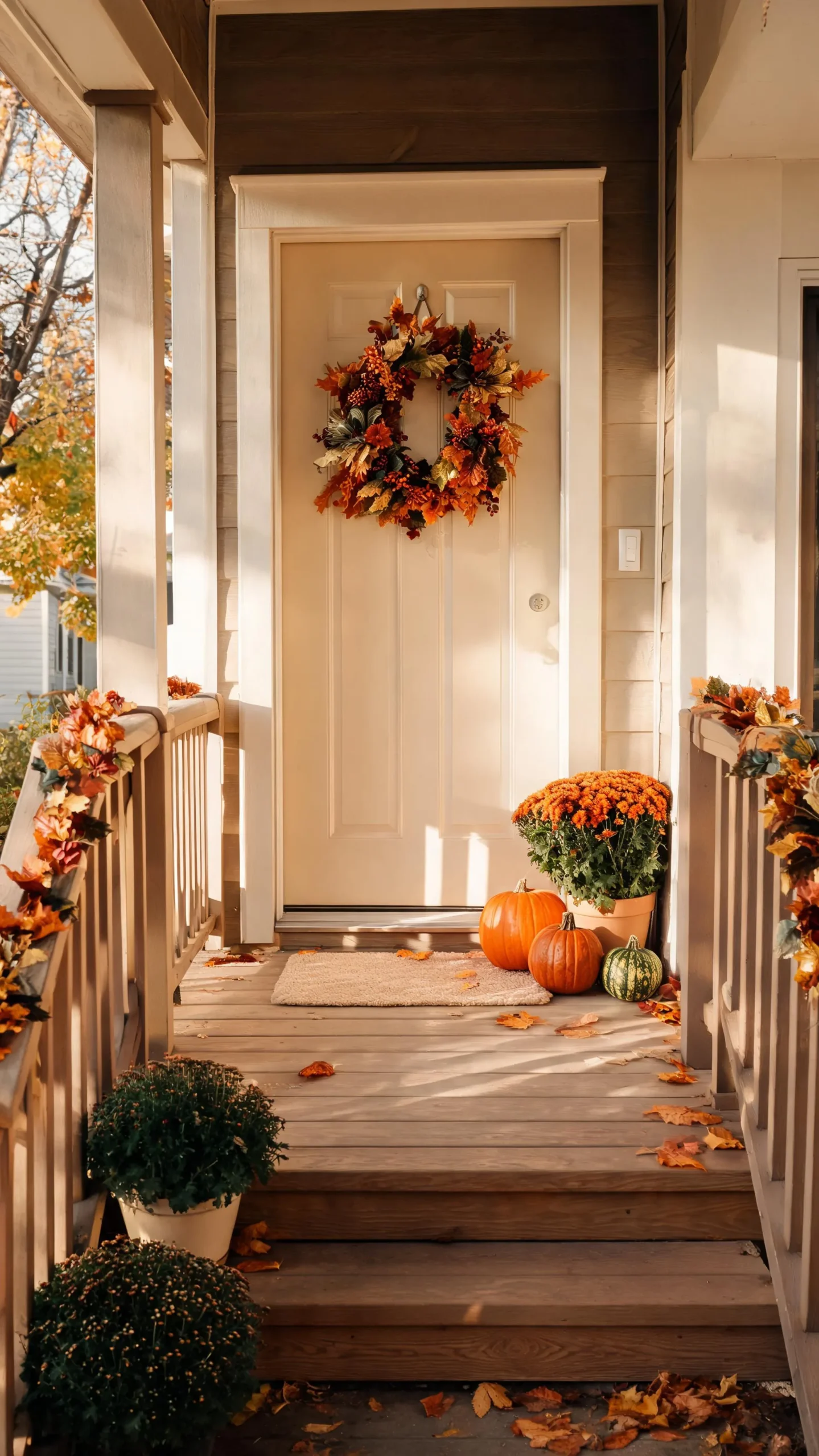 Tight pumpkin cluster on a small fall front porch