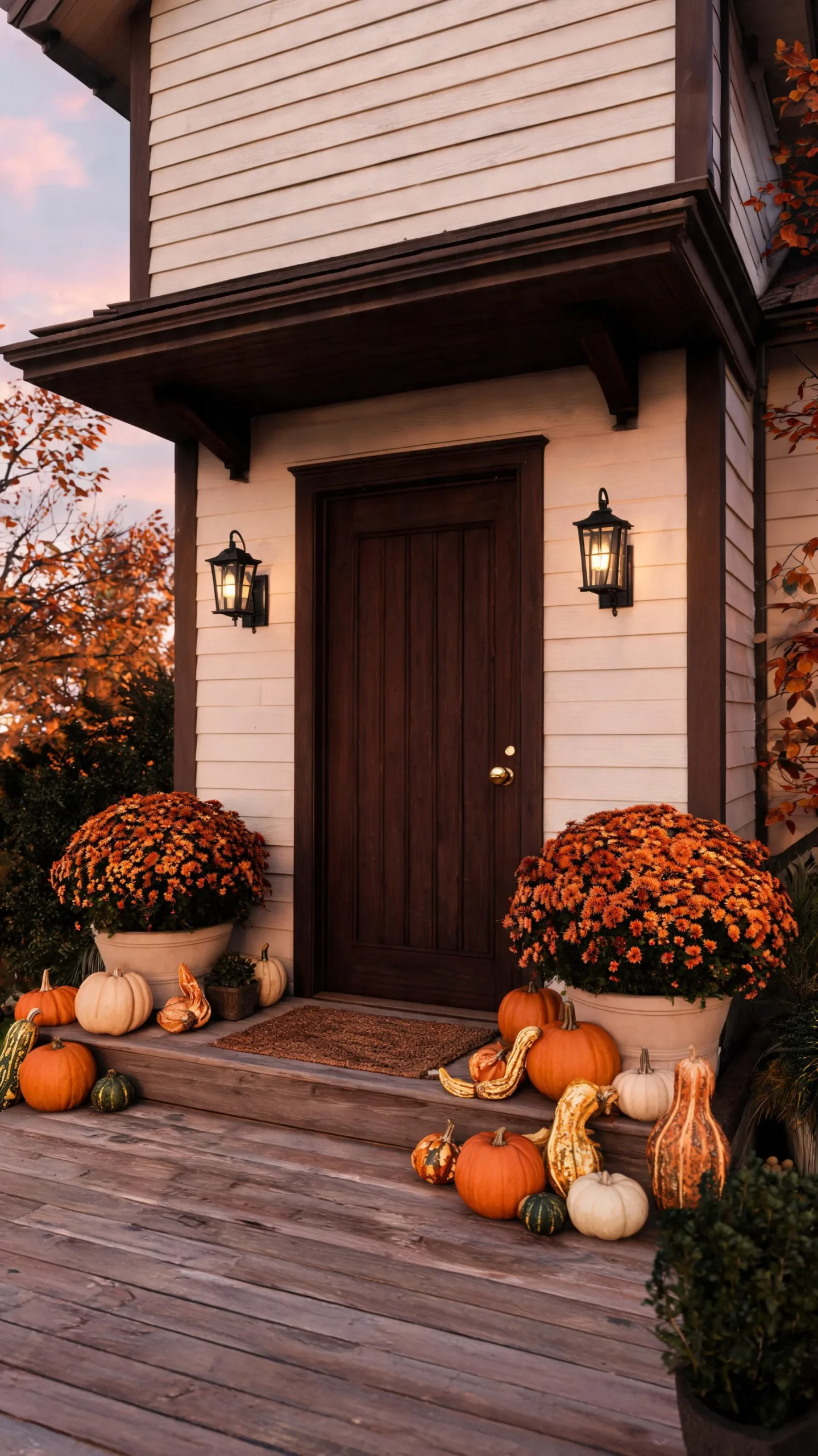 Wall-mounted lanterns on a small fall front porch