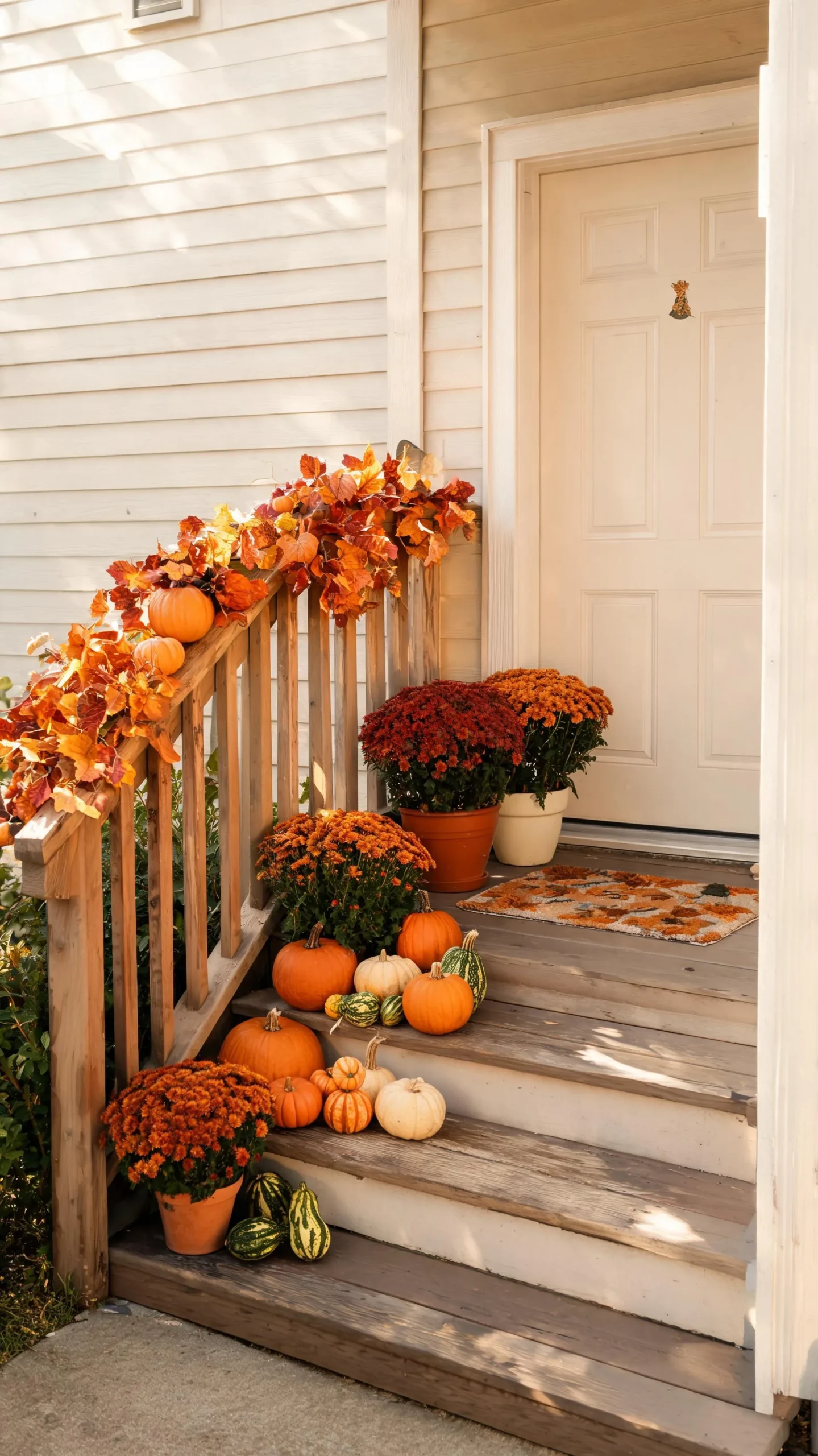 Mini fall garland on a small front porch railing