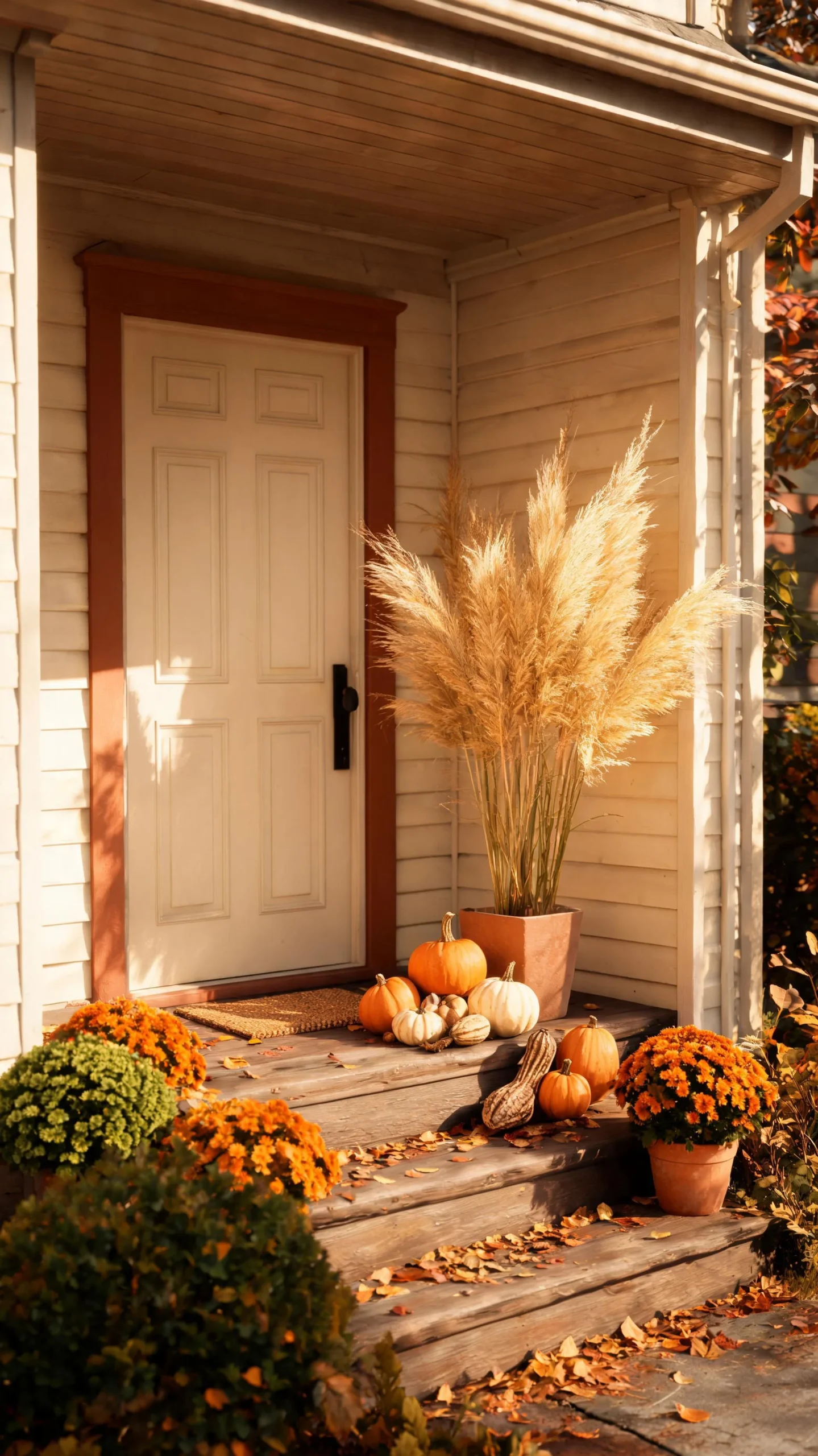 Tall planter of fall grasses on a small front porch