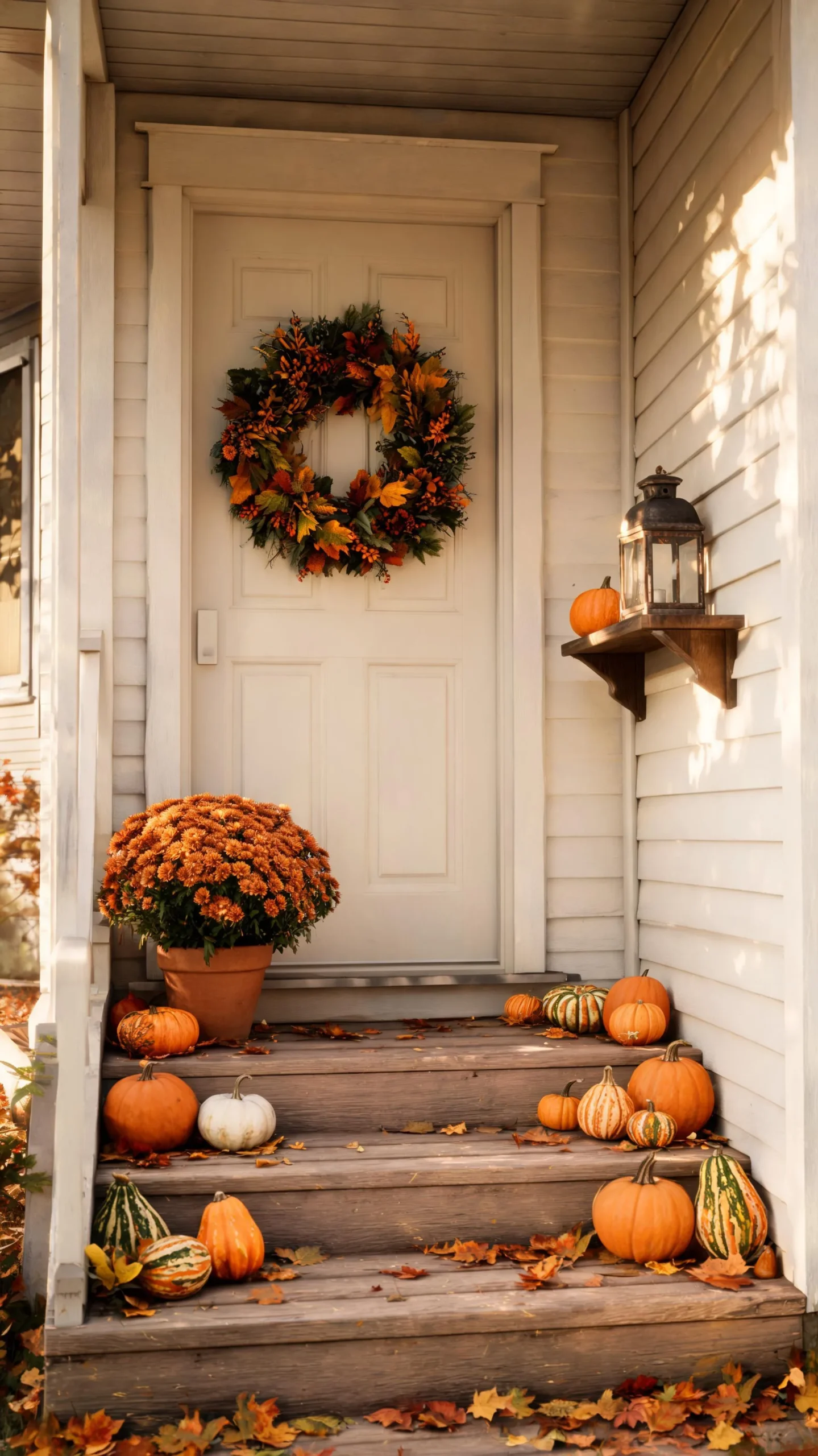 Narrow styled shelf on a small fall front porch