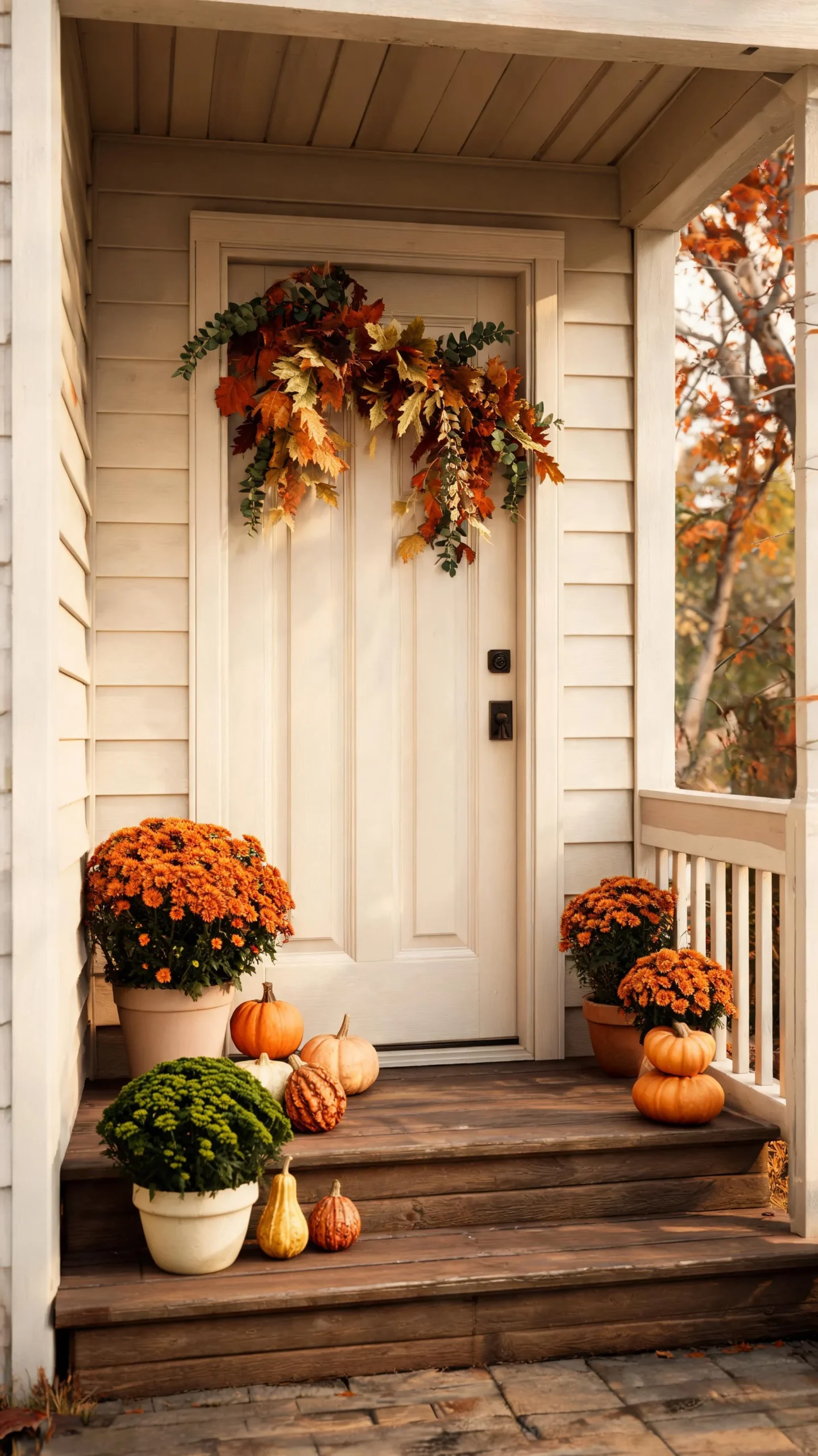 Fall door swag on a small front porch