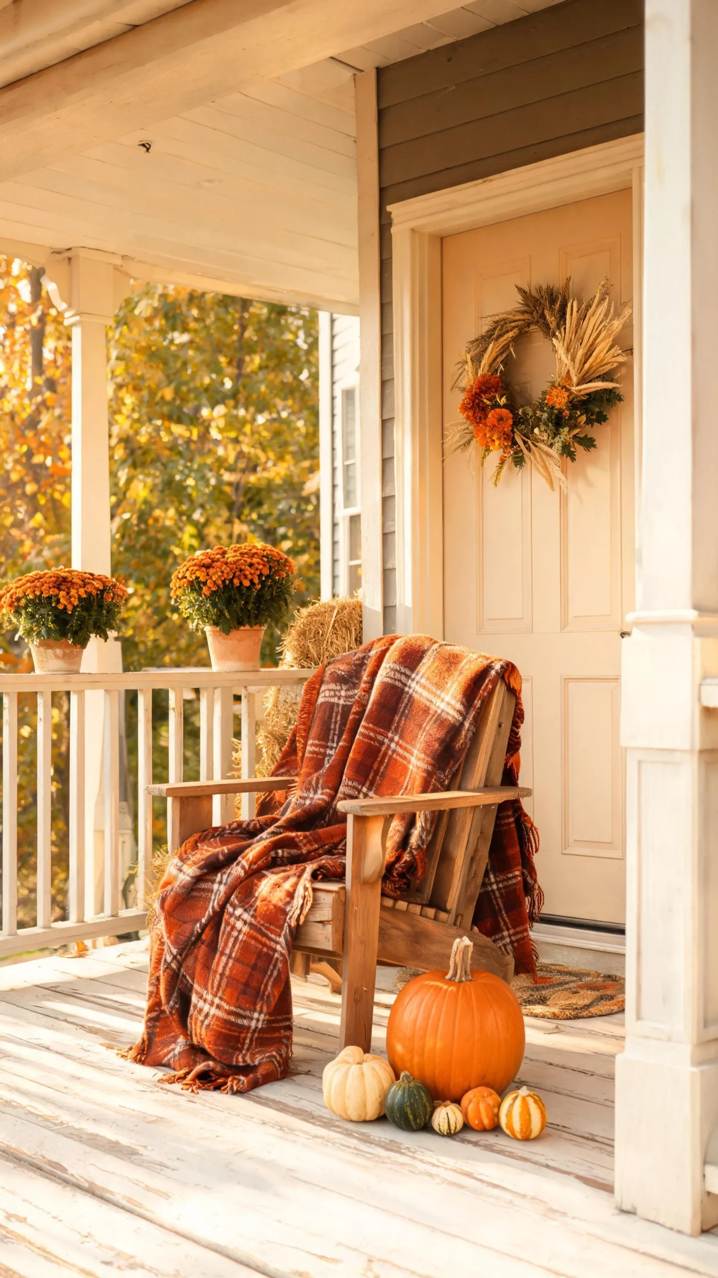 Cozy chair with a fall throw on a small front porch