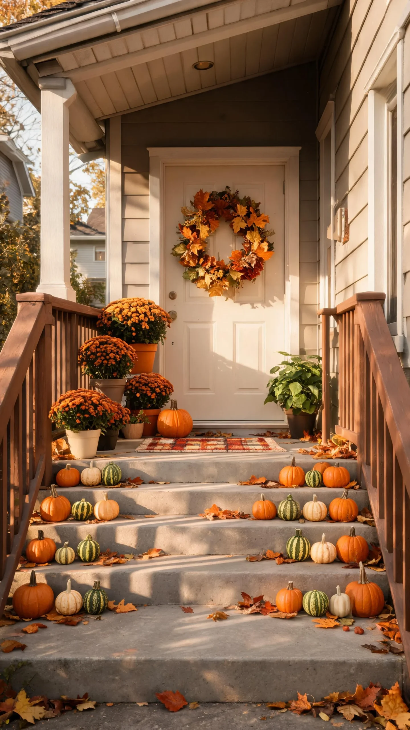 Mini pumpkins along small front porch steps
