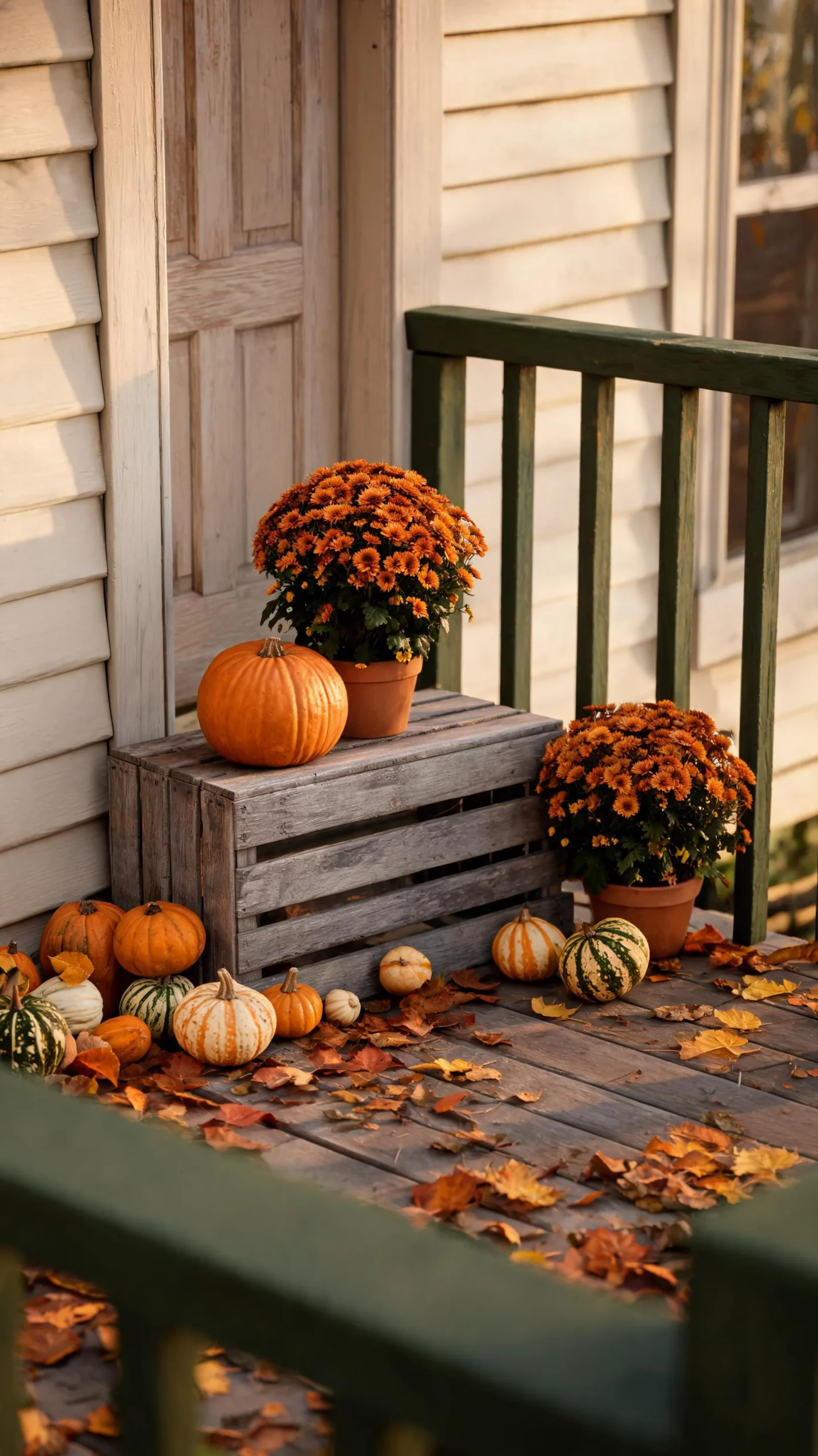 Wooden crate riser on a small fall front porch