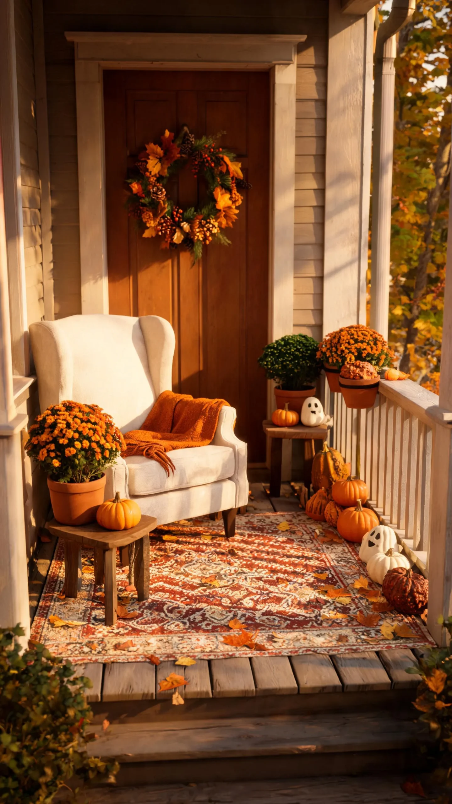 Small outdoor rug on a fall front porch