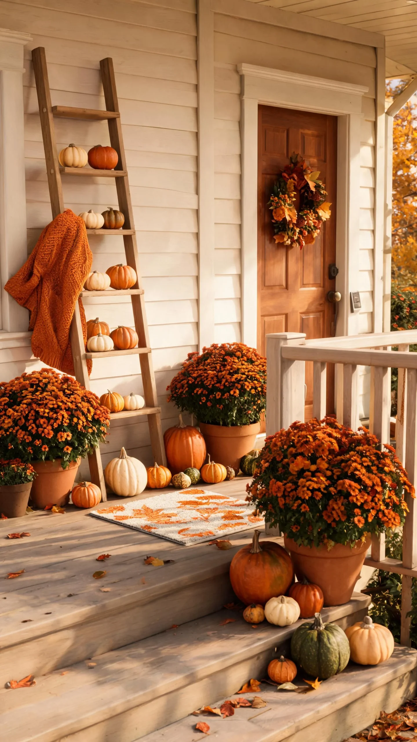 Leaning ladder fall decor on a small front porch