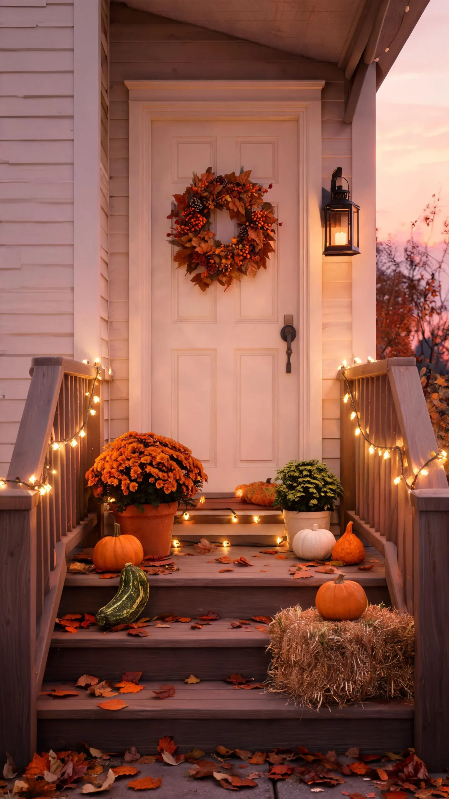 Compact lanterns and string lights on a small fall porch