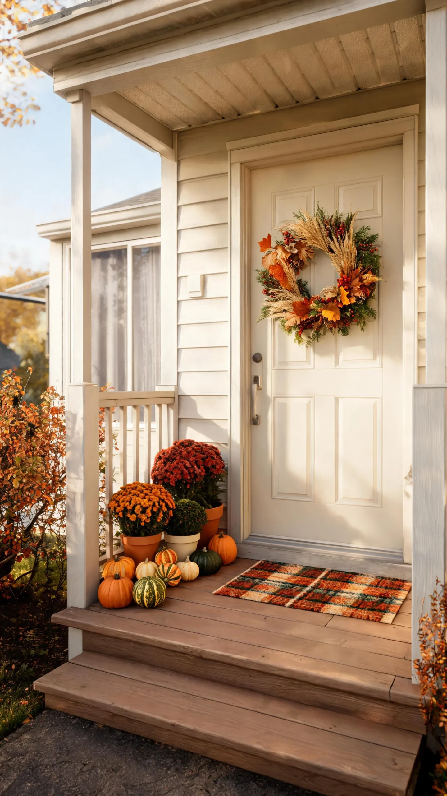 Dwarf mums and small gourds on a small fall porch