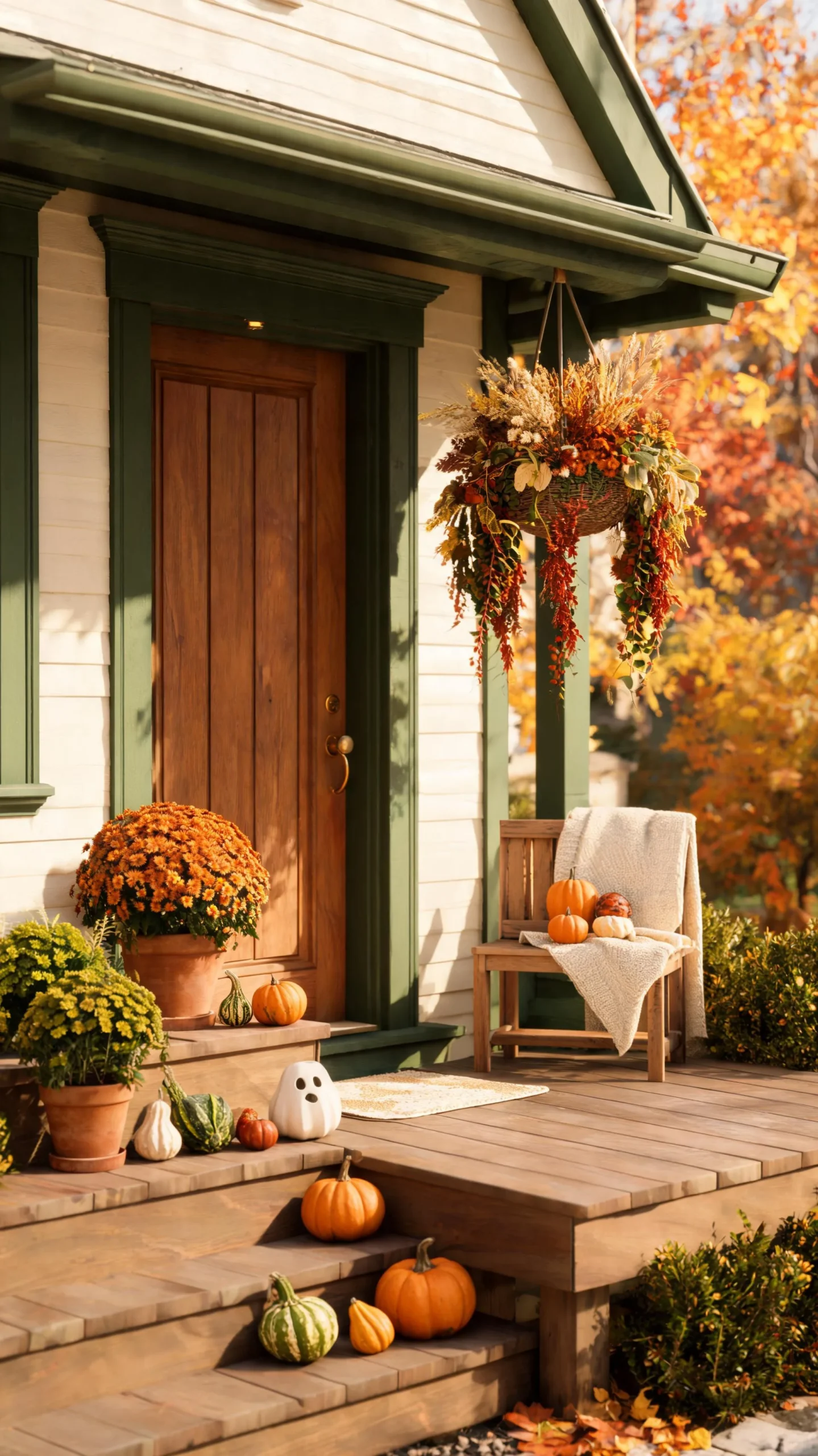 Hanging basket of fall florals on a small front porch