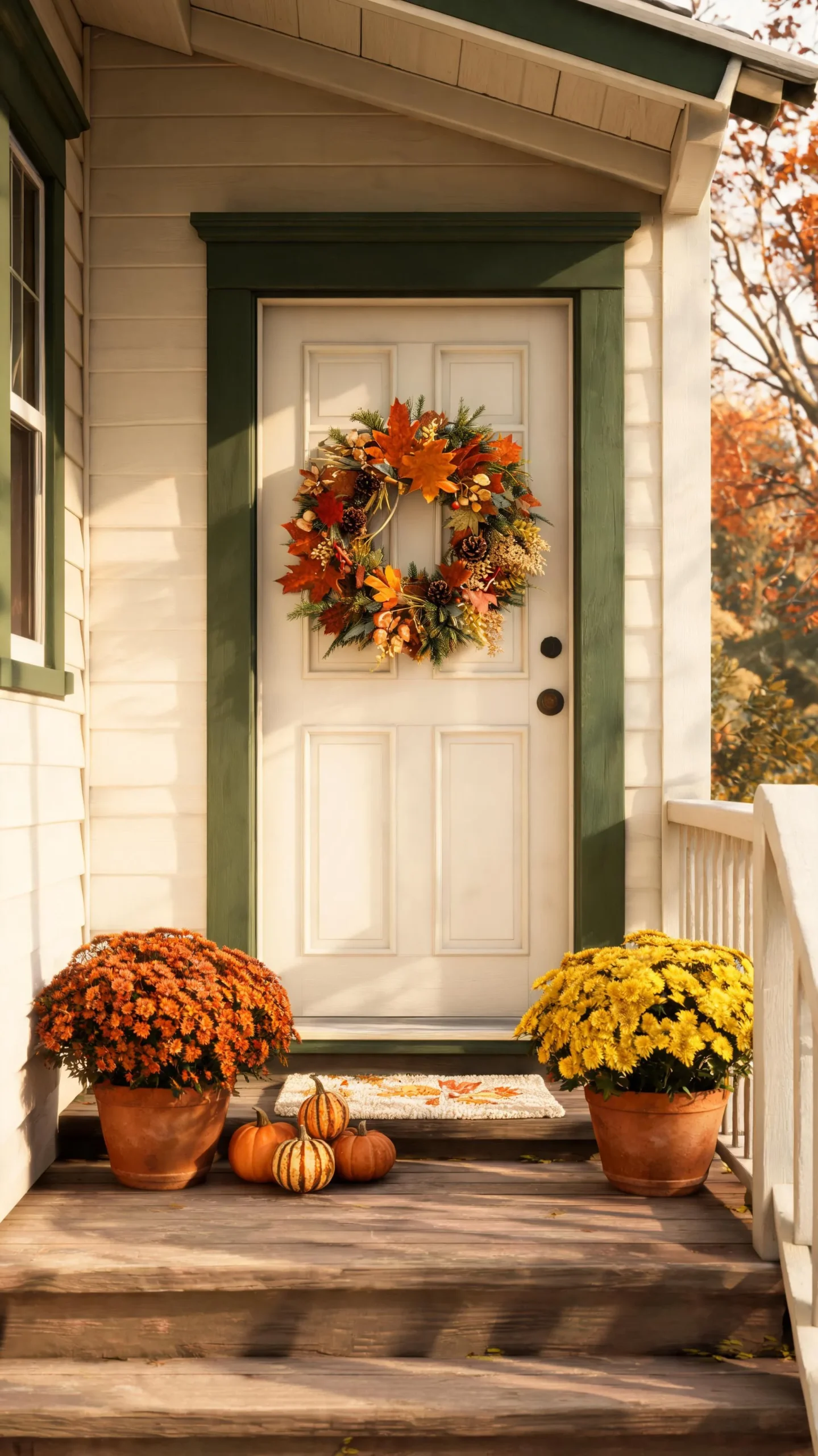 Curated minimalist small fall front porch