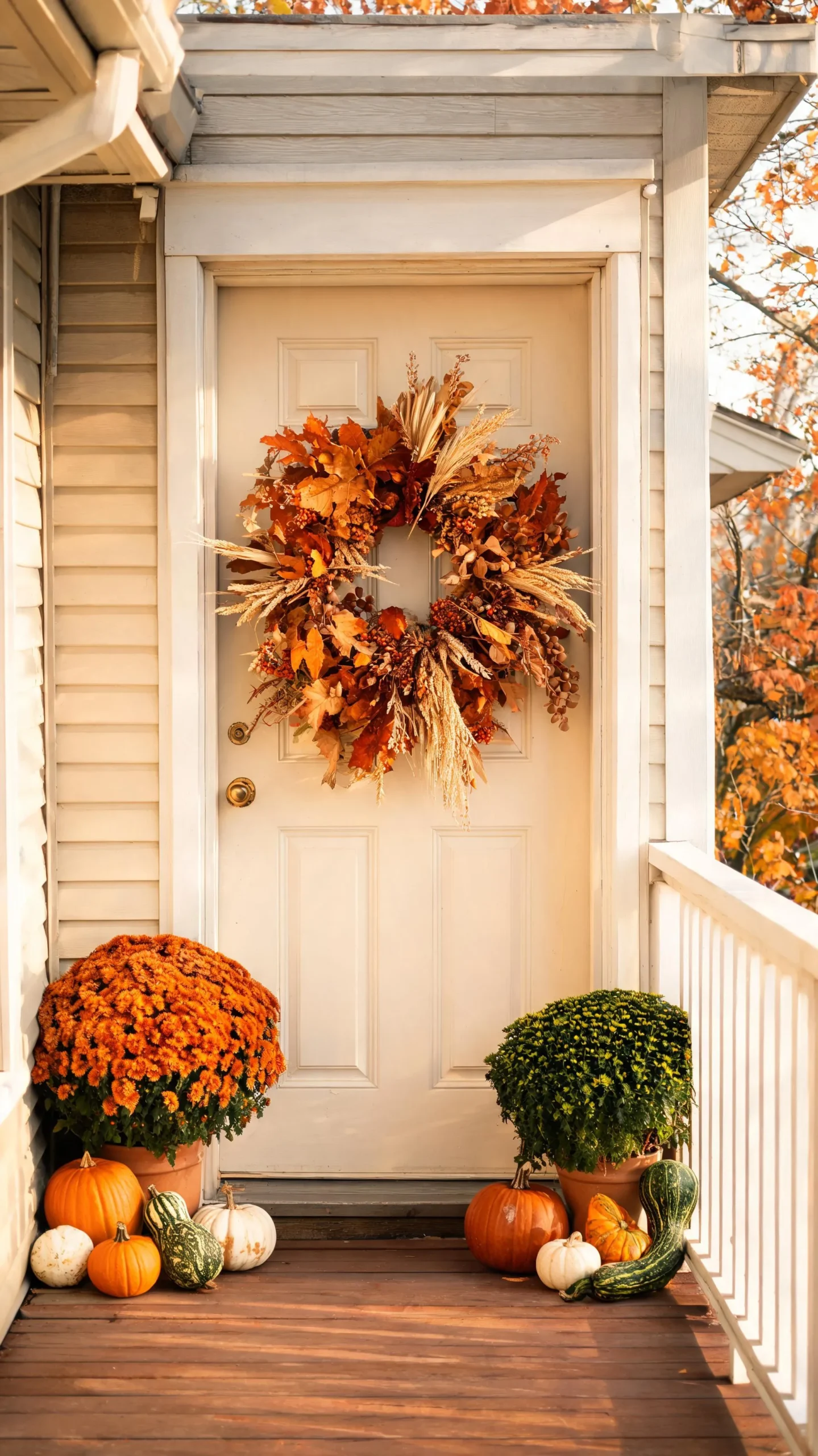 Fall wreath on a small front porch door