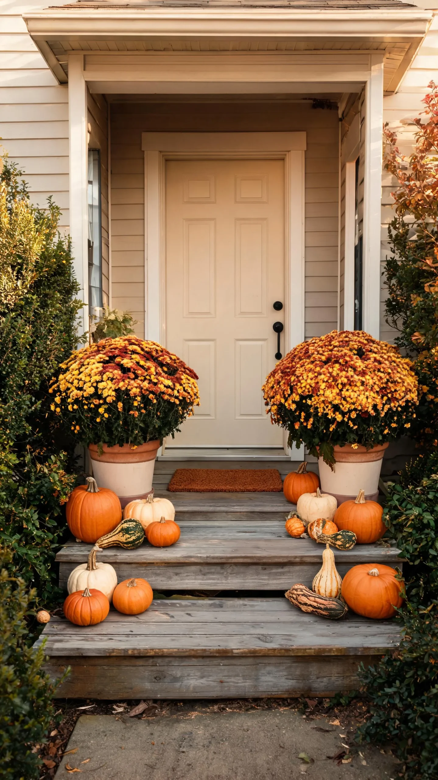 Pair of mums on a small fall front porch
