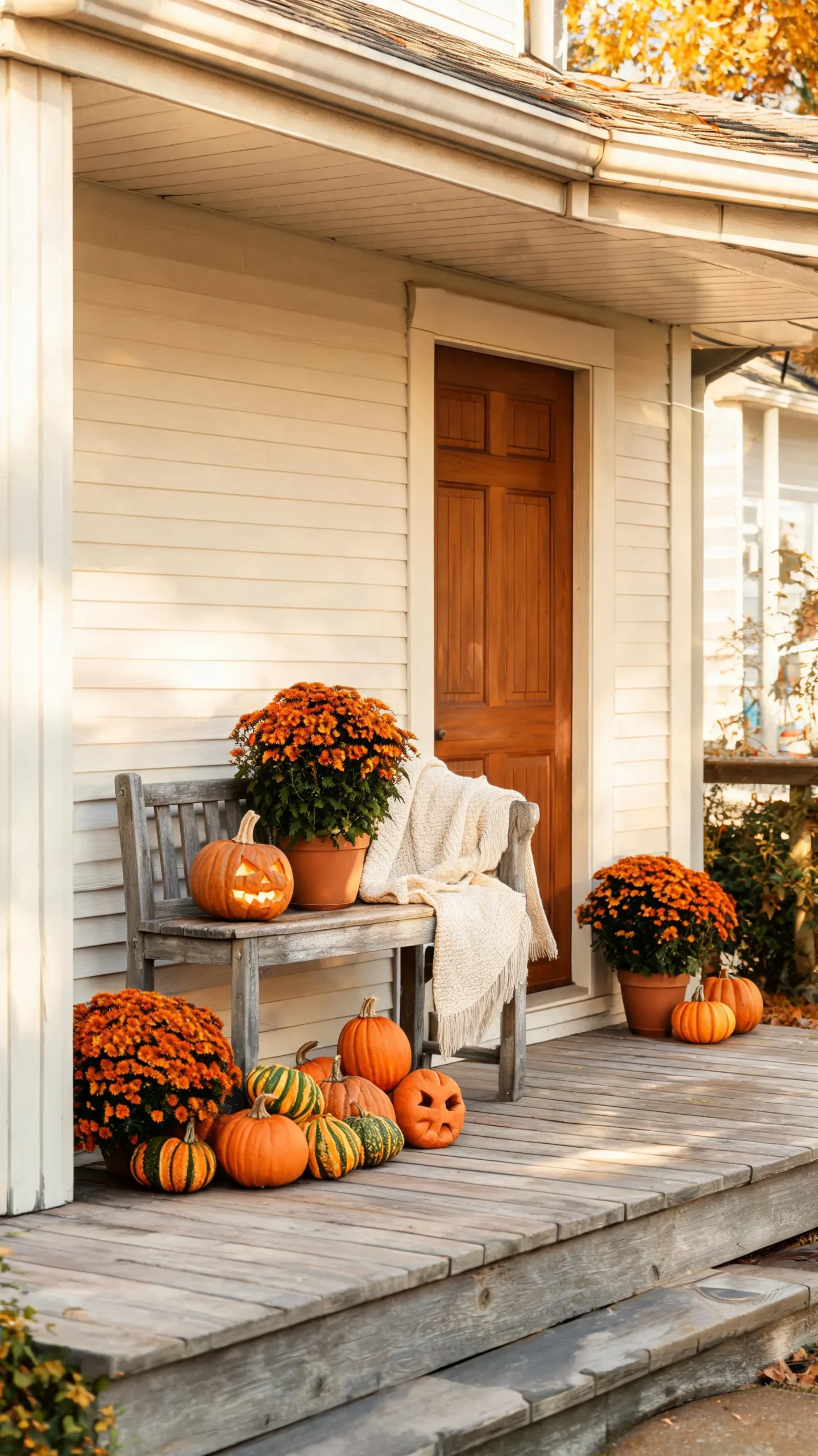 Slim bench with fall decor on a small front porch