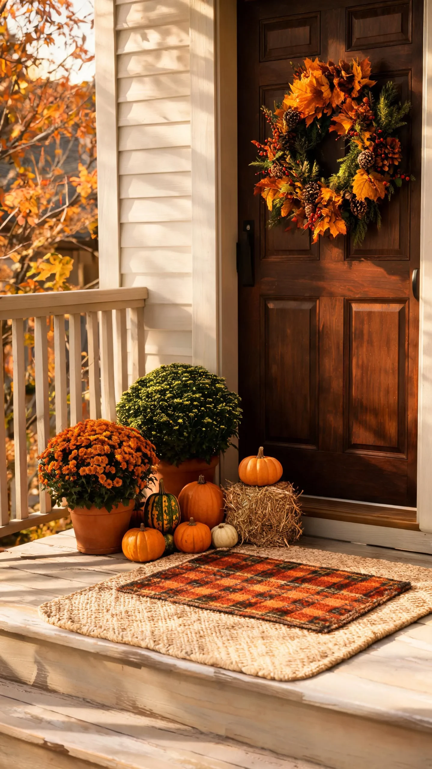 Layered fall welcome mat on a small front porch