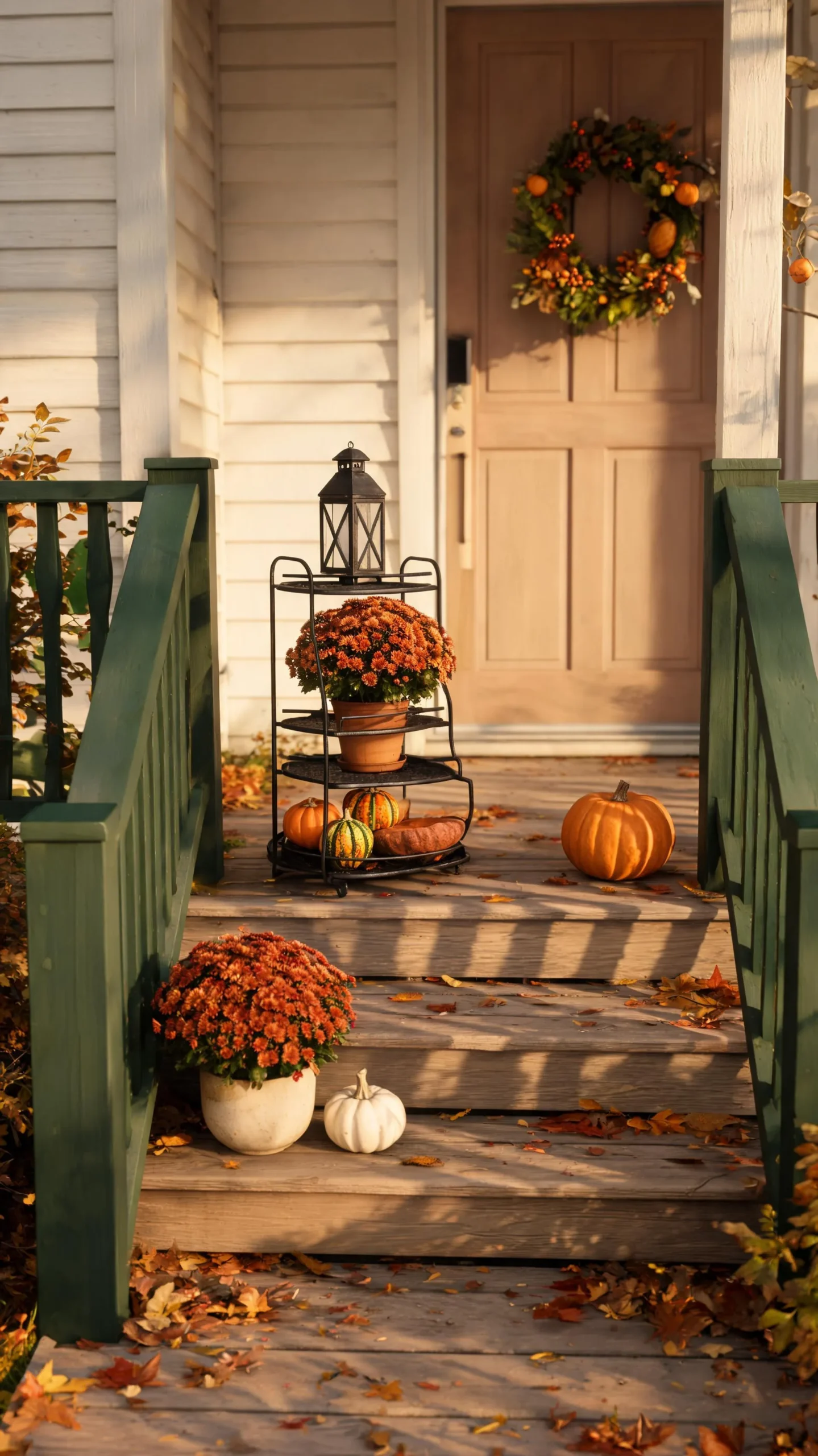 Tiered plant stand with fall decor on a small porch