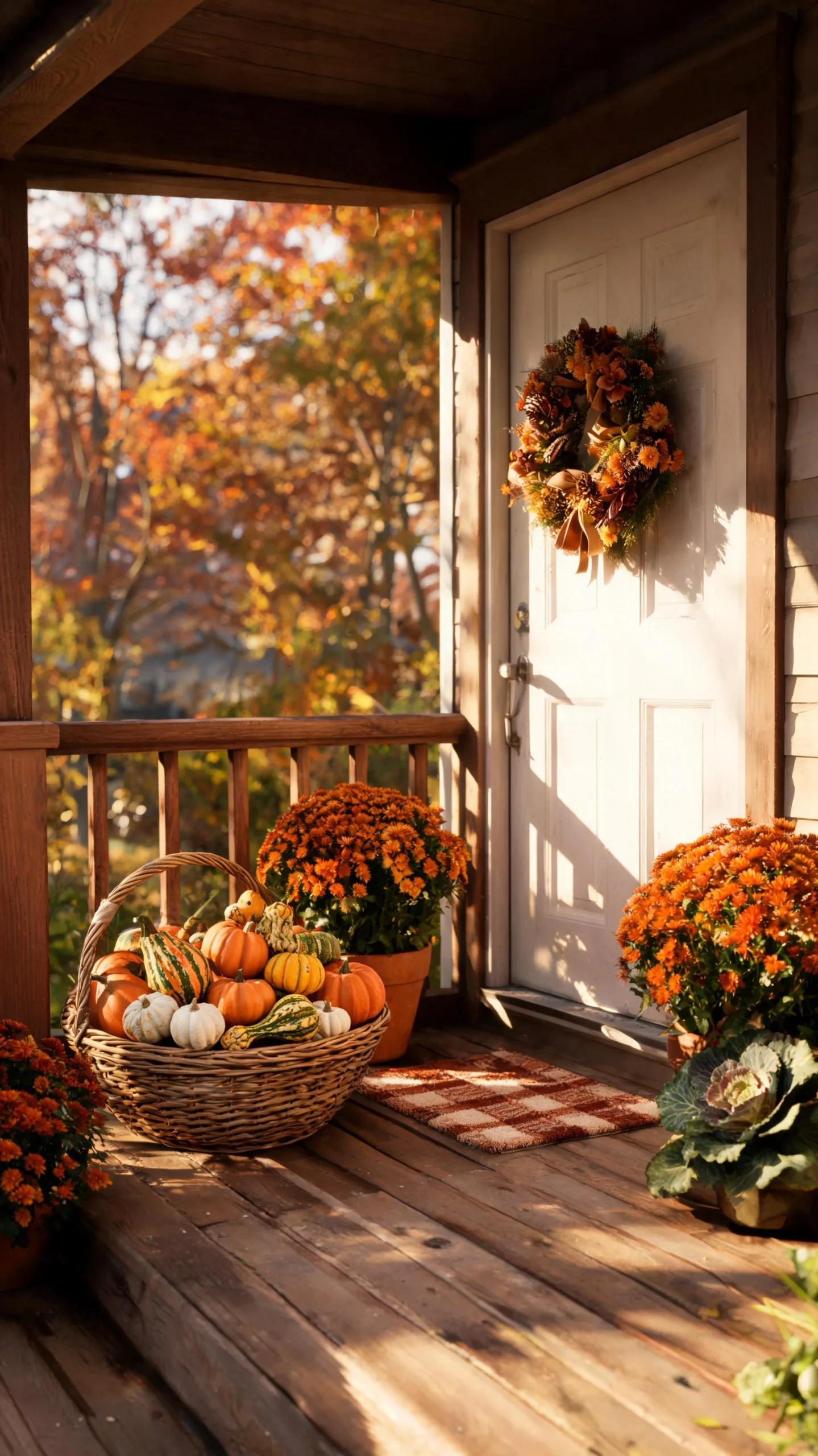 Basket of pumpkins on a small fall front porch