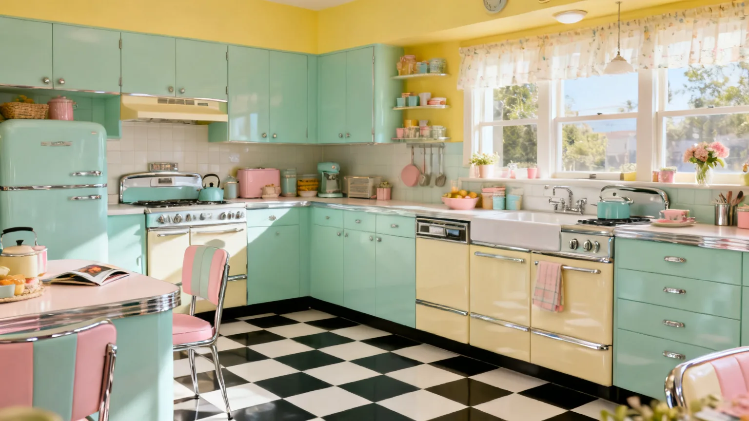 Cheerful pastel retro vintage kitchen