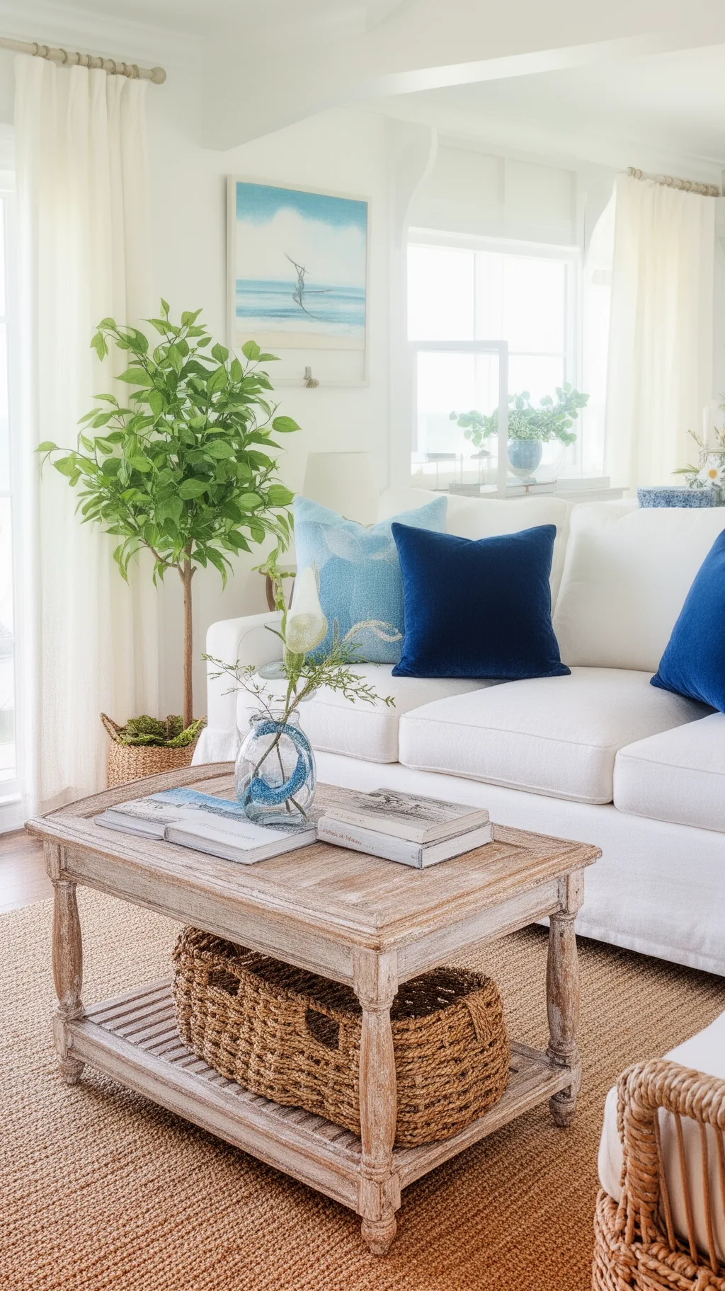 Soft sea-blue accents in a cool summer living room (1 of 5)