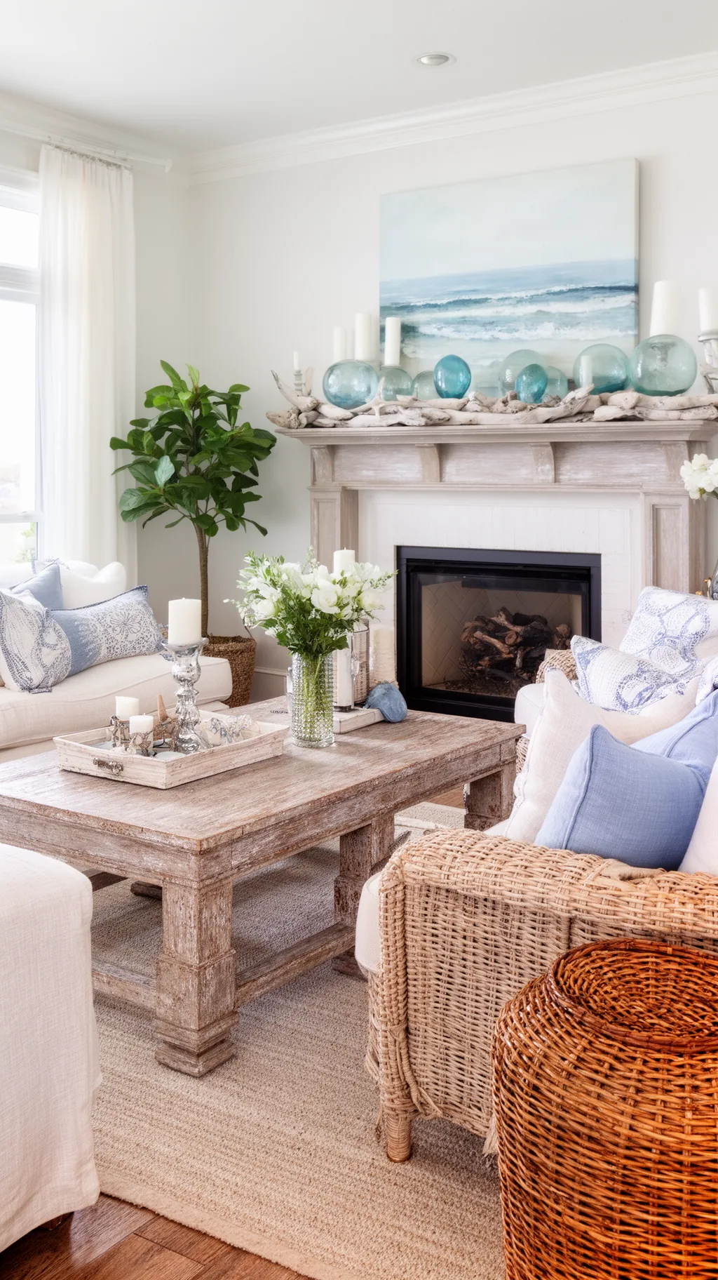 Summer living room mantel styled with light, natural decor (2 of 5)