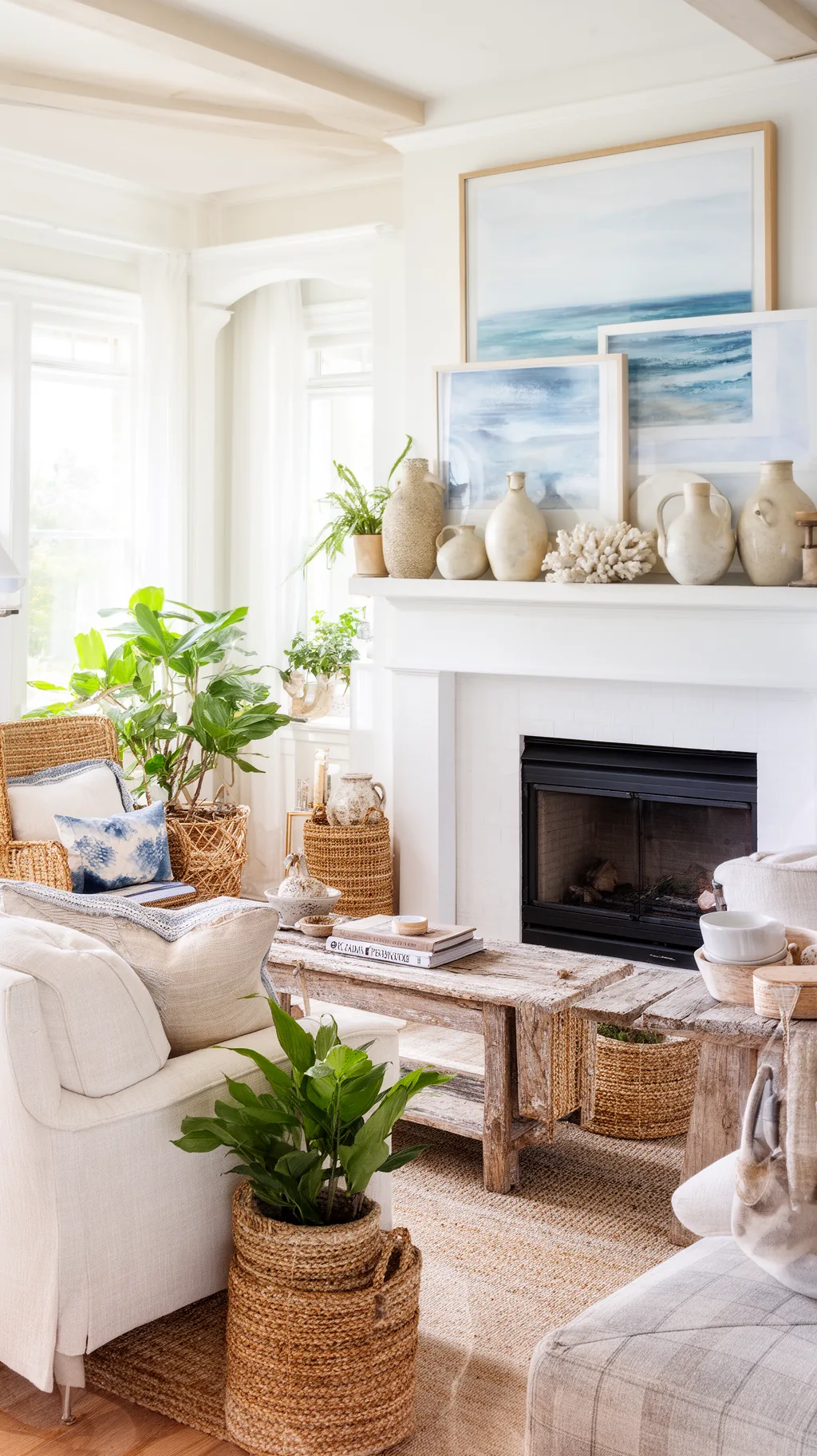 Summer living room mantel styled with light, natural decor (4 of 5)