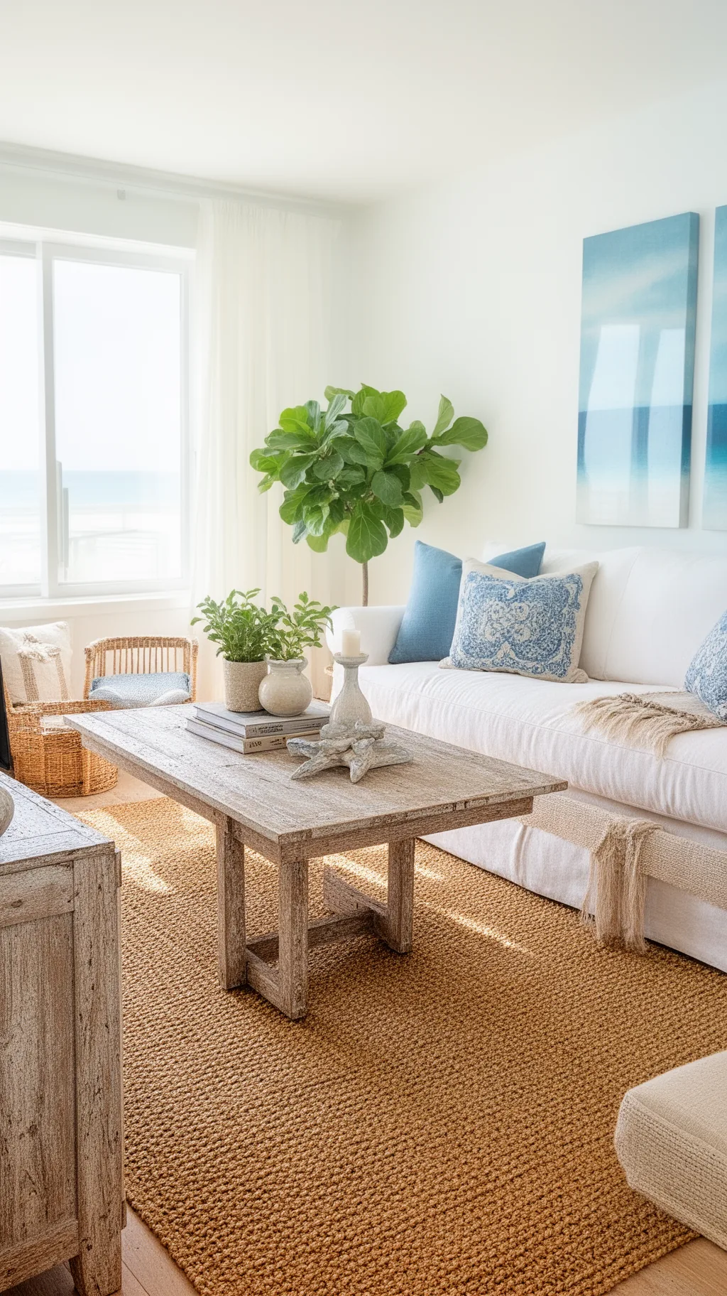Natural-fiber rug grounding a breezy summer living room (1 of 5)