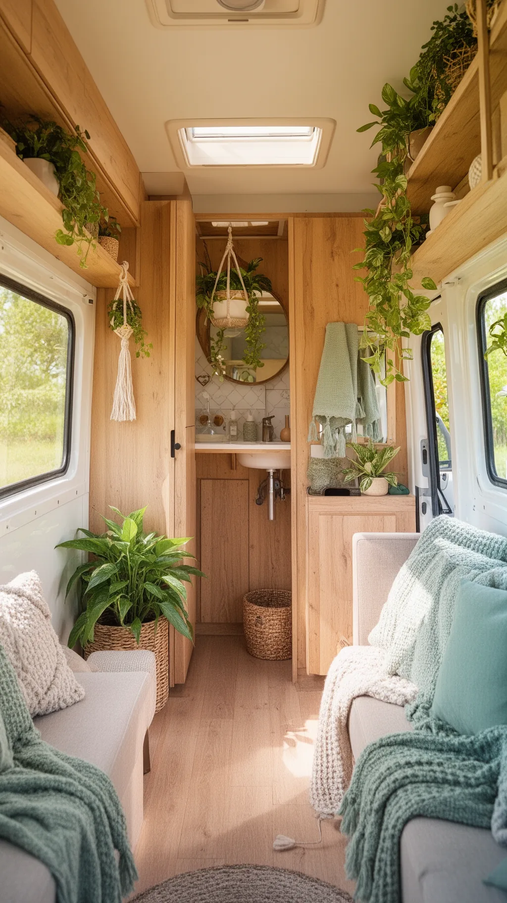 Camper bathroom styled like a mini spa