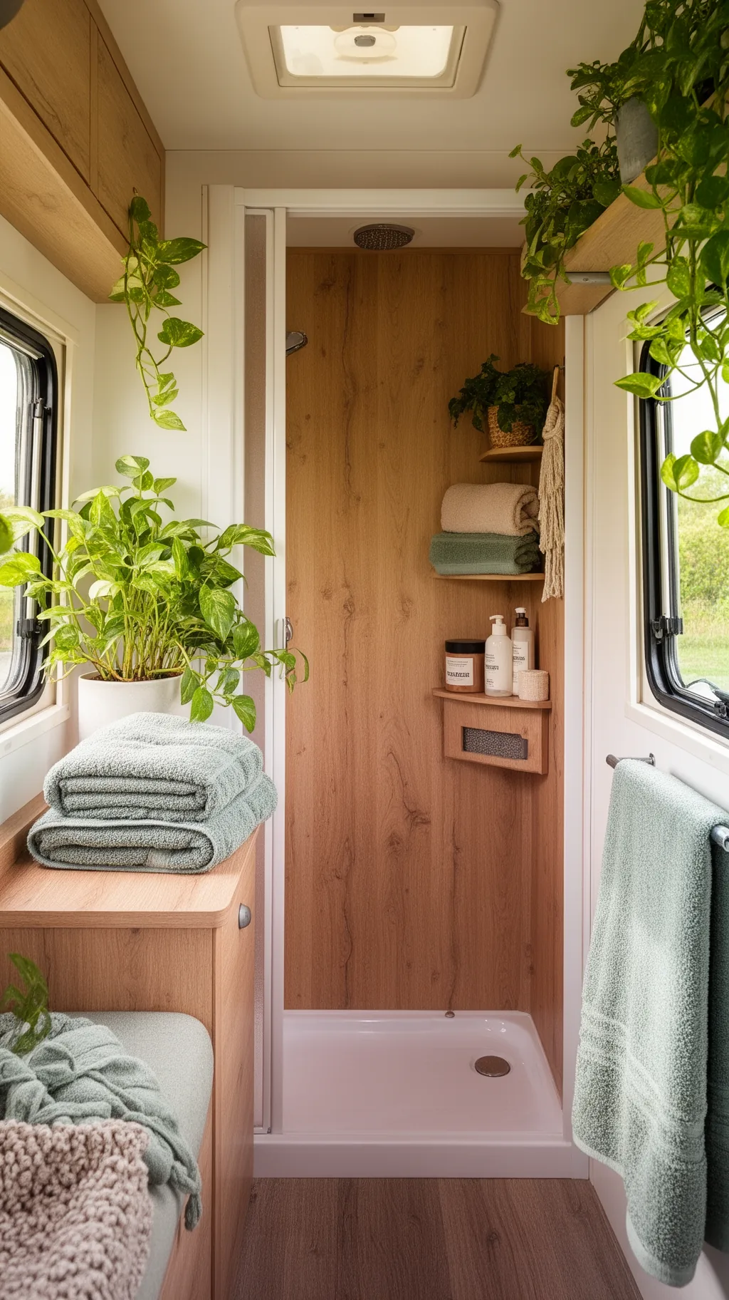 Cozy camper wet bath with warm wood