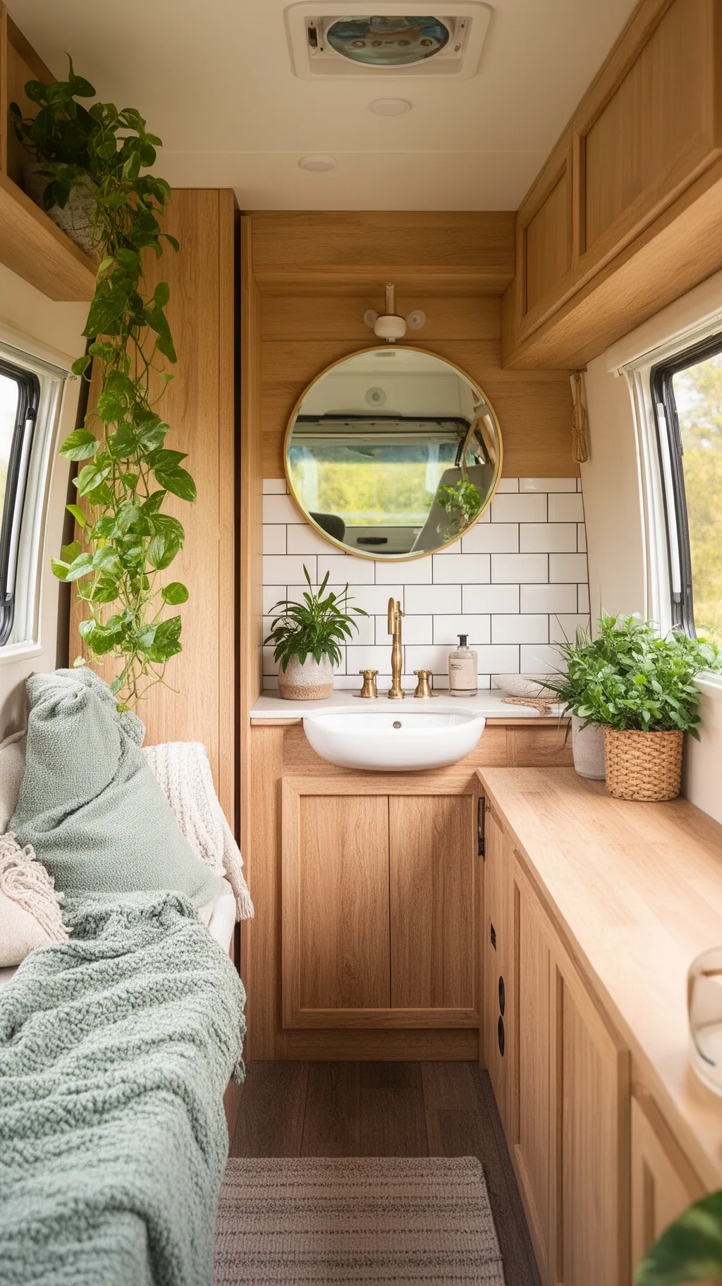Compact RV bathroom with brass fixtures