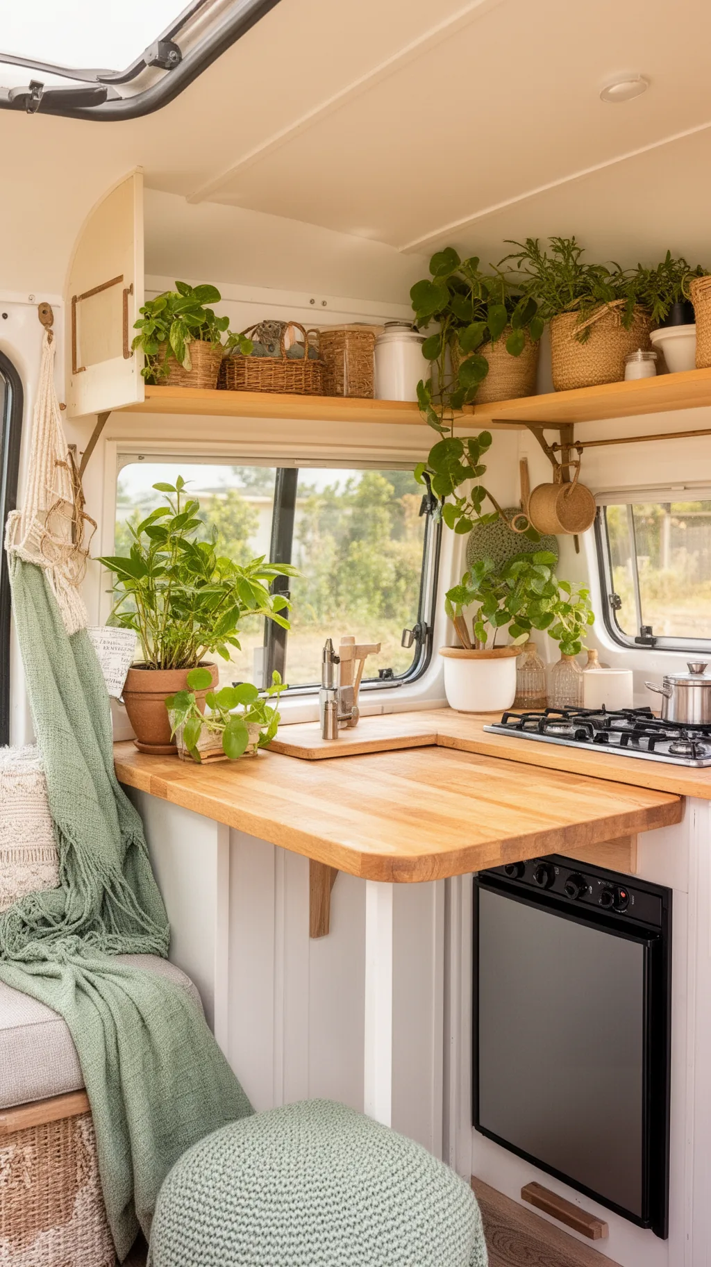 Cozy RV galley kitchen with wood counter
