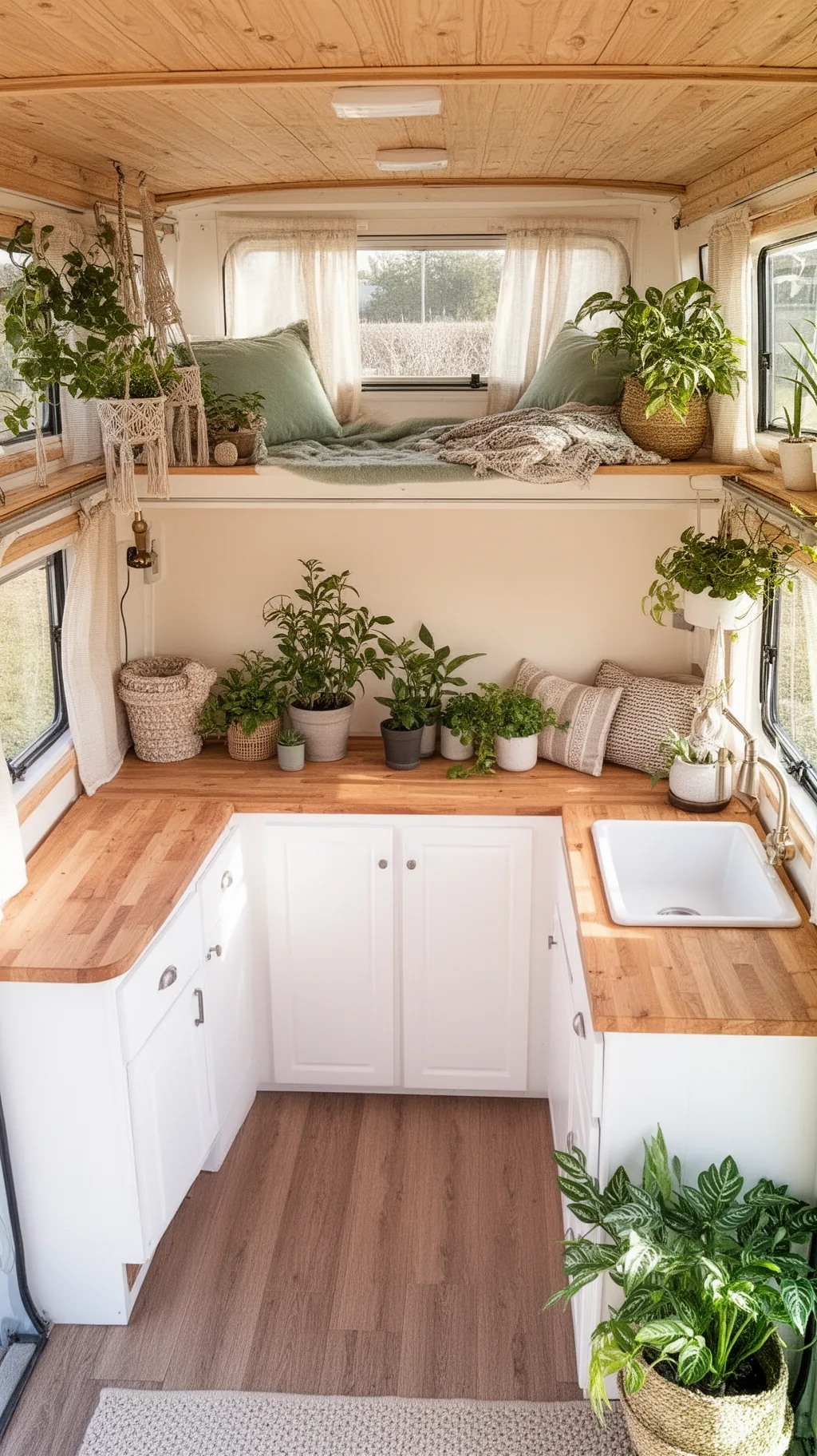 Small camper van kitchen with white cabinets