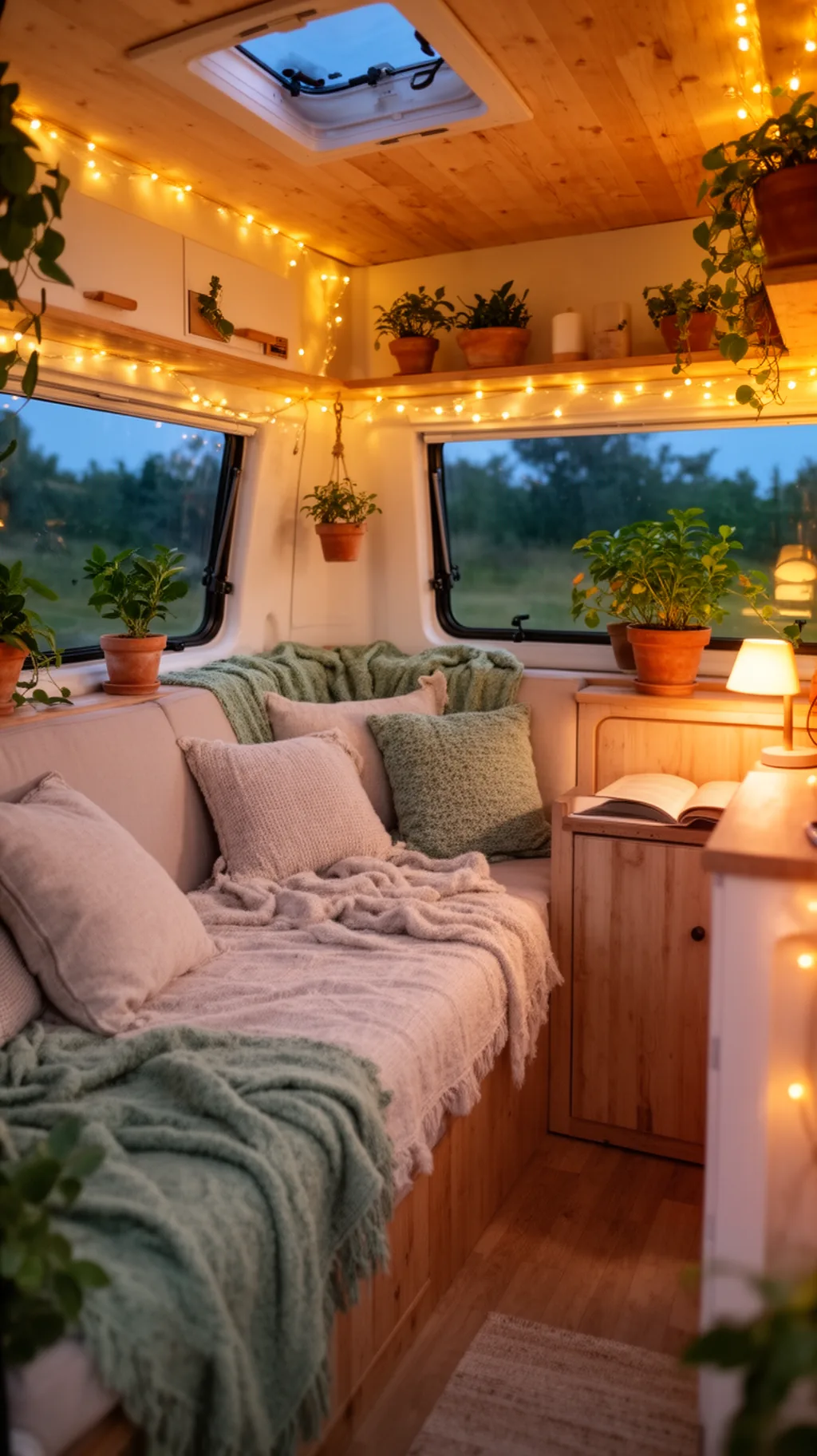 Camper interior with warm string lights at dusk