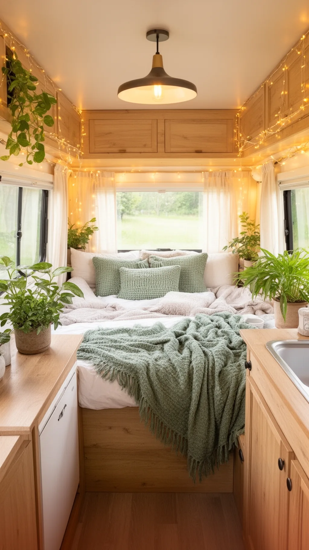 Camper bedroom with layered fairy lights