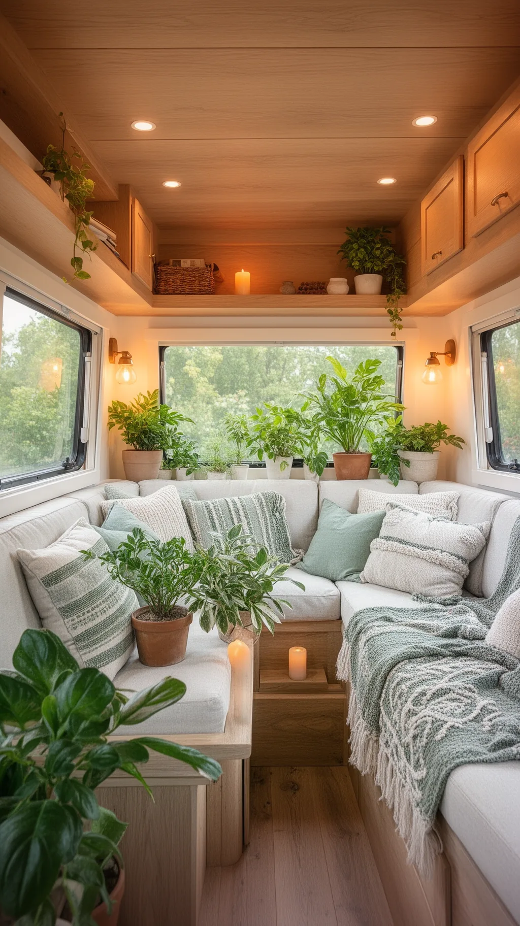 Renovated RV interior with layered lighting