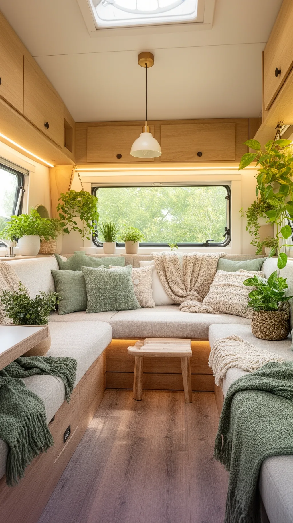 Camper living area with pendant and under cabinet light