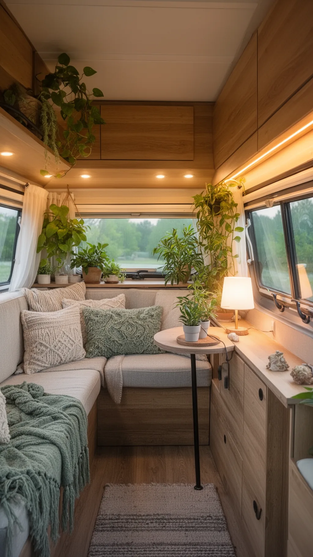 Snug camper nook with warm evening lighting