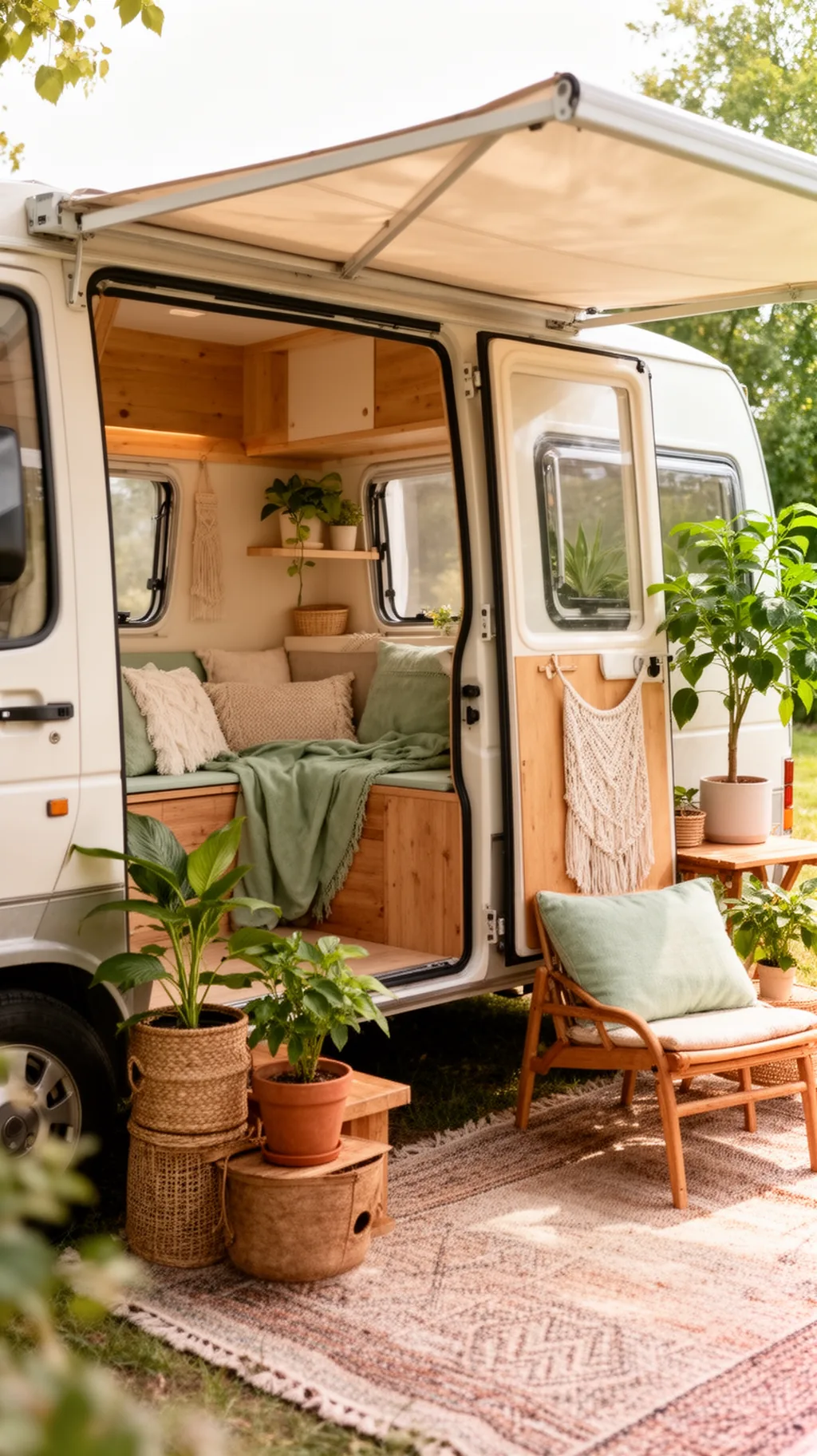 Tiny camper with awning and outdoor seating