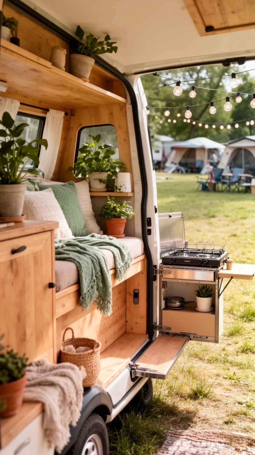 Camper van with fold out outdoor kitchen