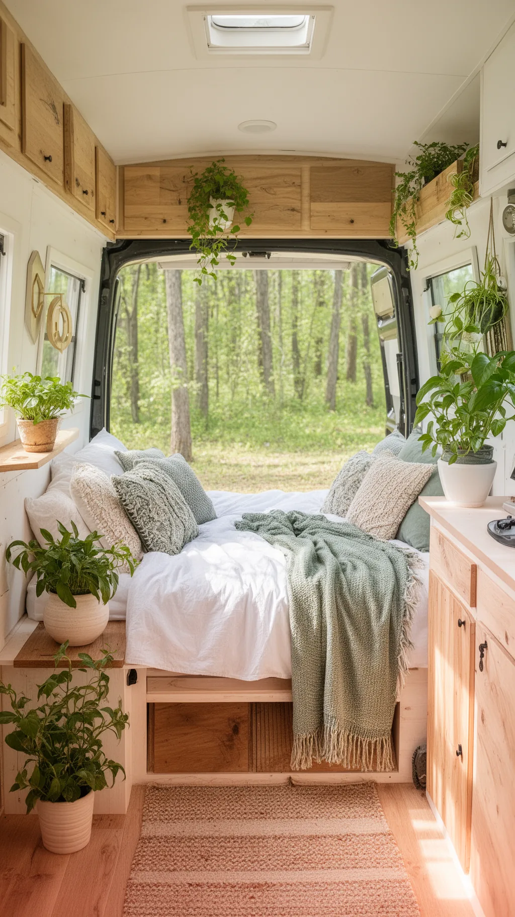 Camper van open rear doors with forest view